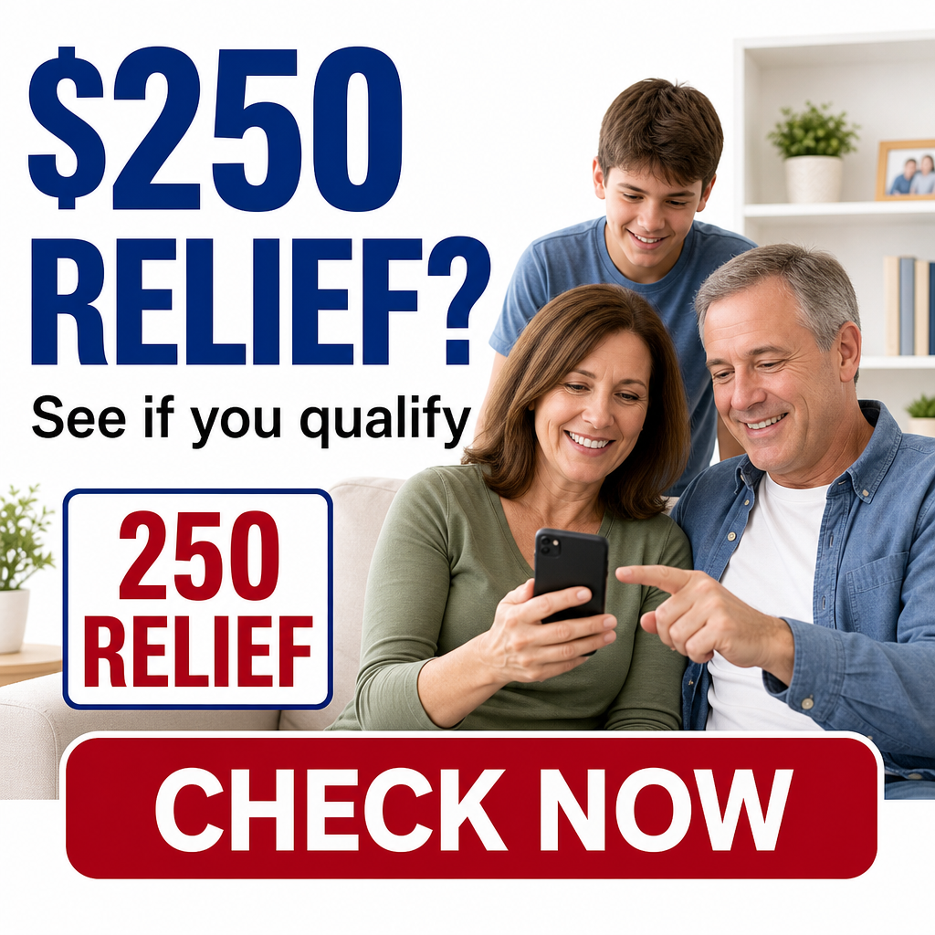 Família americana — casal/família em casa + “$250 RELIEF?” grande + botão “CHECK NOW