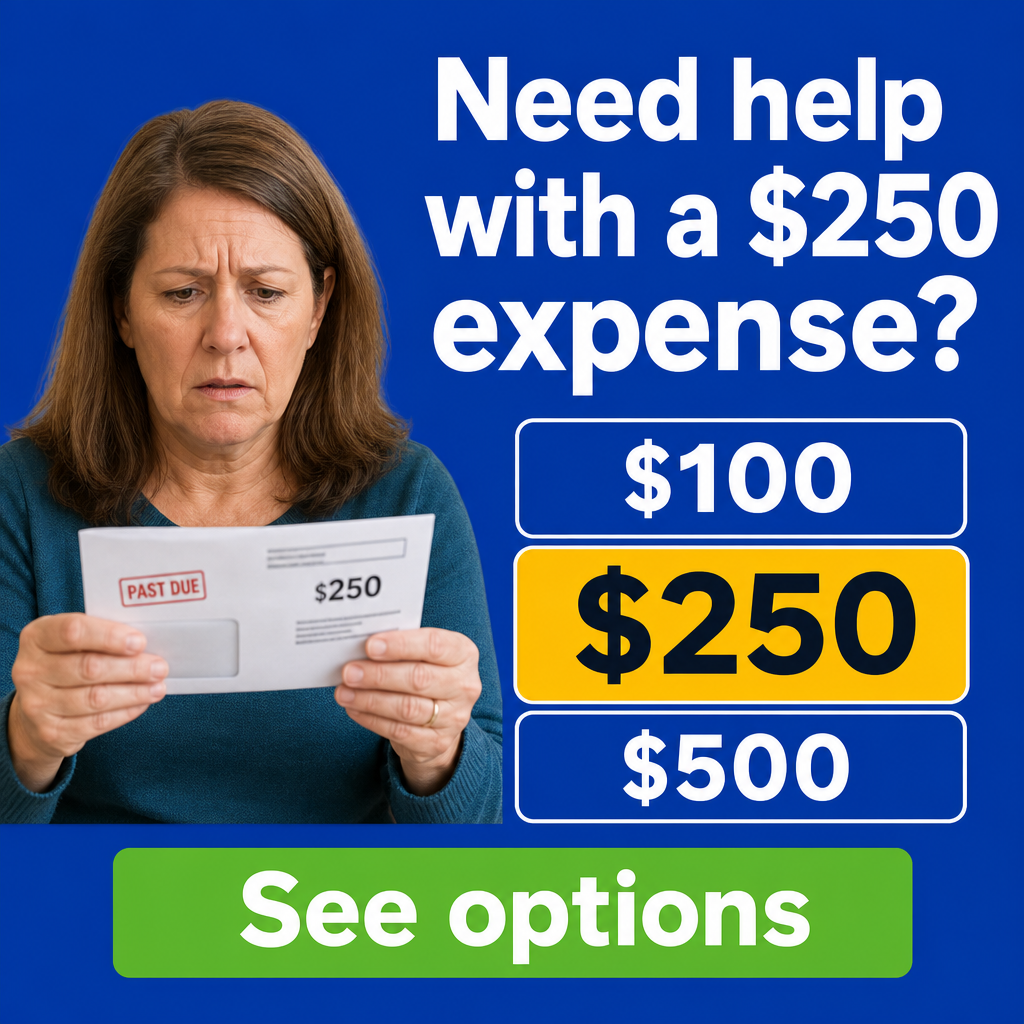 pessoa segurando uma conta/envelope, expressão de preocupação + “Need help with a $250 expense?