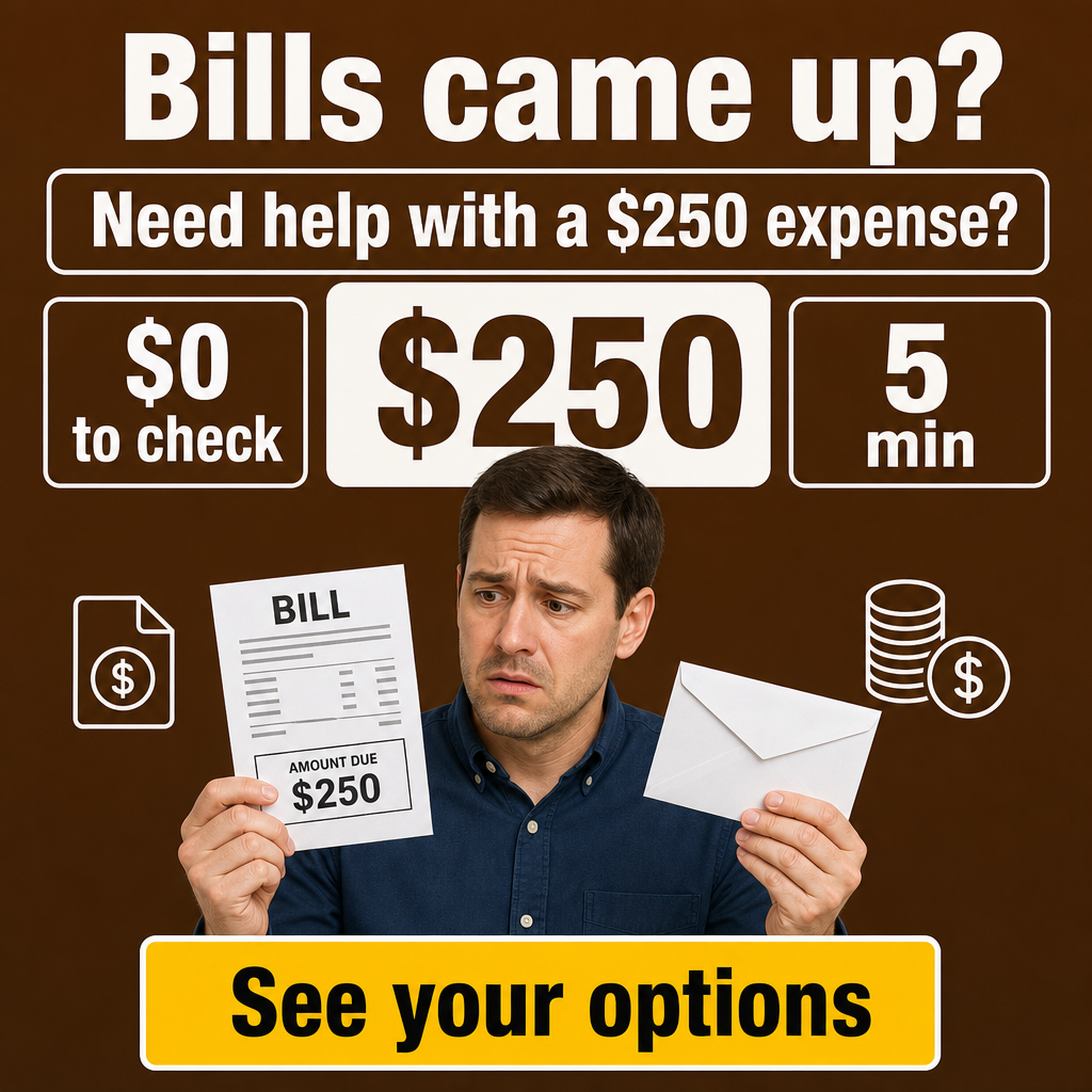 pessoa segurando uma conta/envelope, expressão de preocupação + “Need help with a $250 expense?