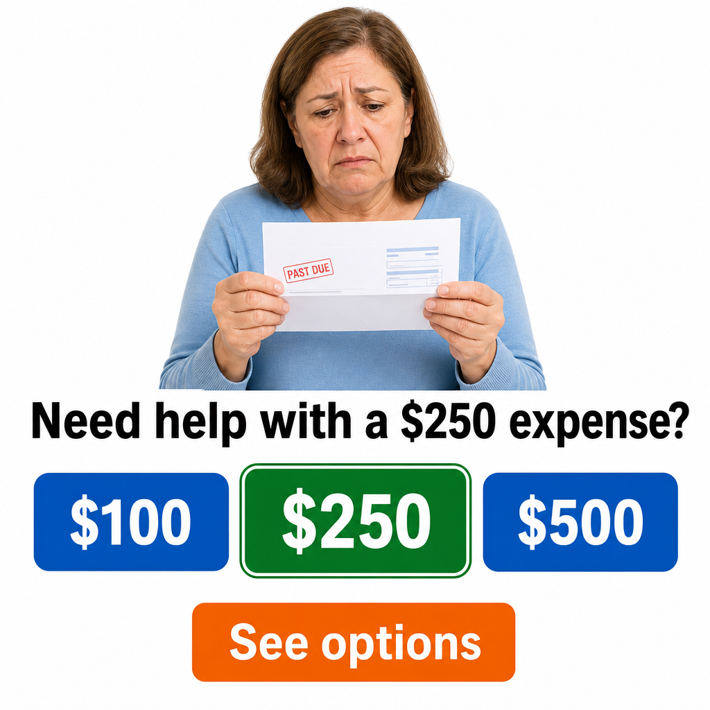 pessoa segurando uma conta/envelope, expressão de preocupação + “Need help with a $250 expense?