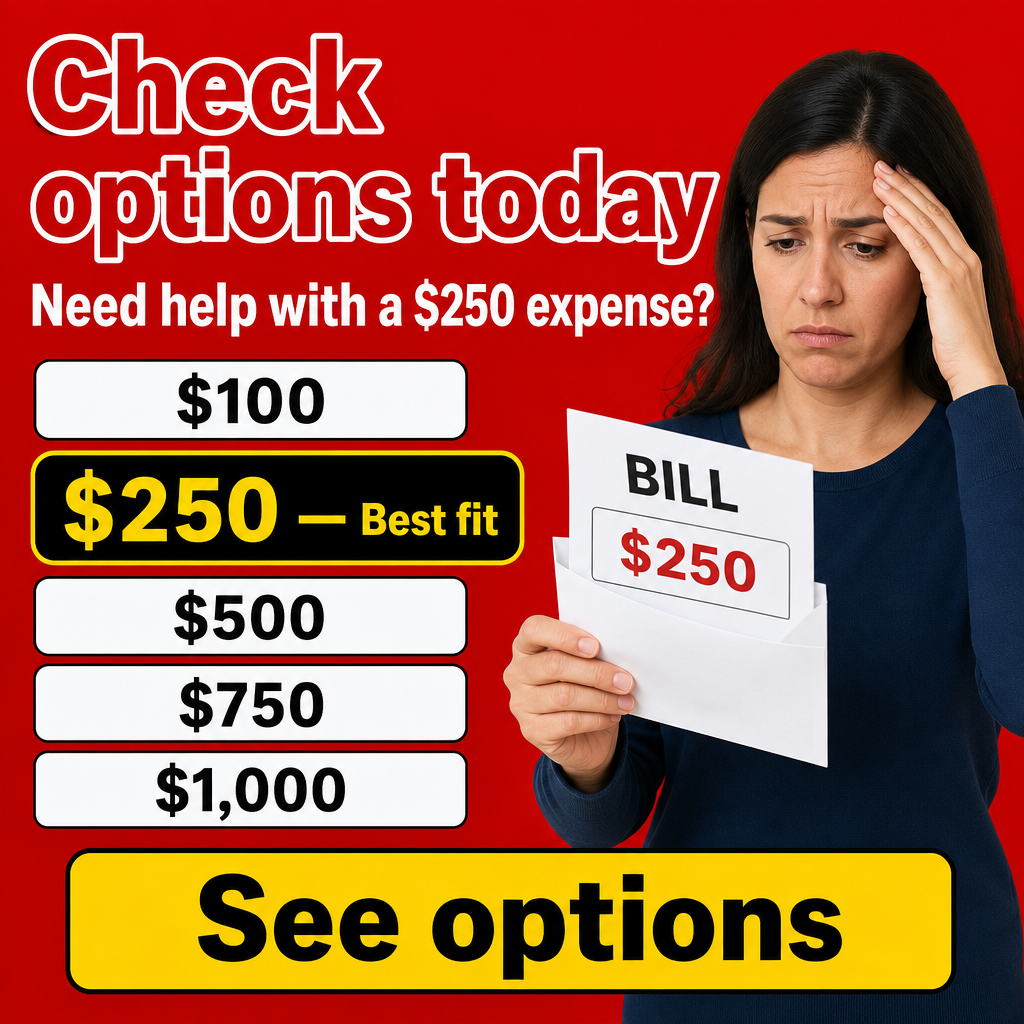 pessoa segurando uma conta/envelope, expressão de preocupação + “Need help with a $250 expense?