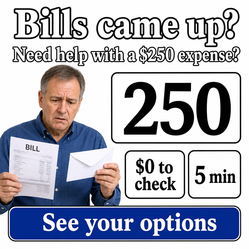 pessoa segurando uma conta/envelope, expressão de preocupação + “Need help with a $250 expense?