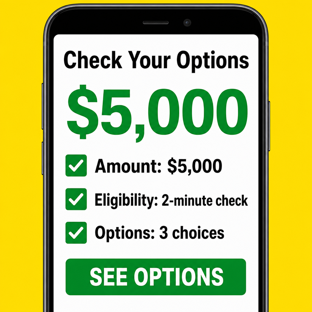 Tela de aprovação/check — close de celular com checklist: “Amount / Eligibility / Options” + “SEE OPTIONS