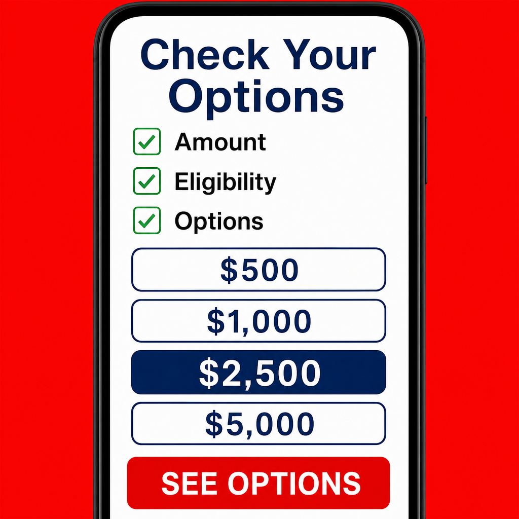 Tela de aprovação/check — close de celular com checklist: “Amount / Eligibility / Options” + “SEE OPTIONS