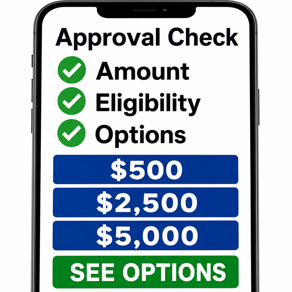 Tela de aprovação/check — close de celular com checklist: “Amount / Eligibility / Options” + “SEE OPTIONS