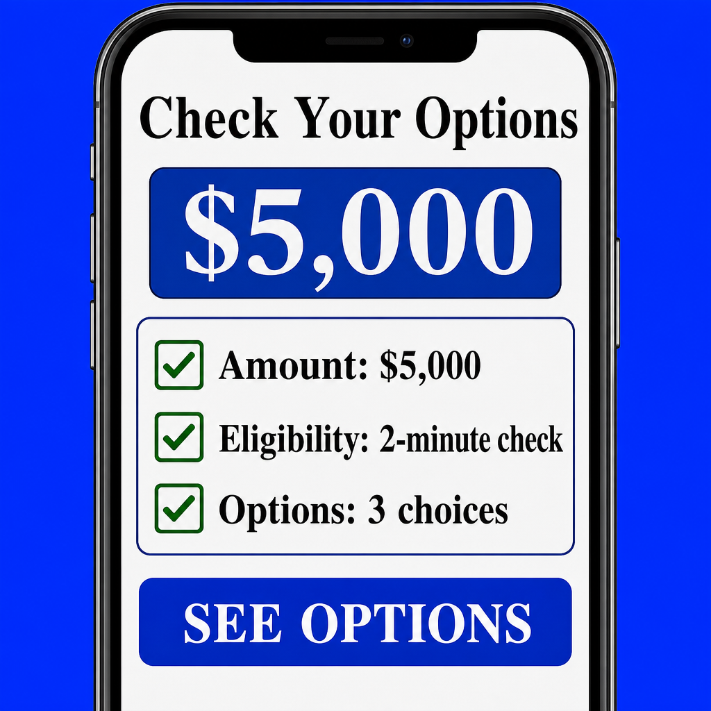 Tela de aprovação/check — close de celular com checklist: “Amount / Eligibility / Options” + “SEE OPTIONS