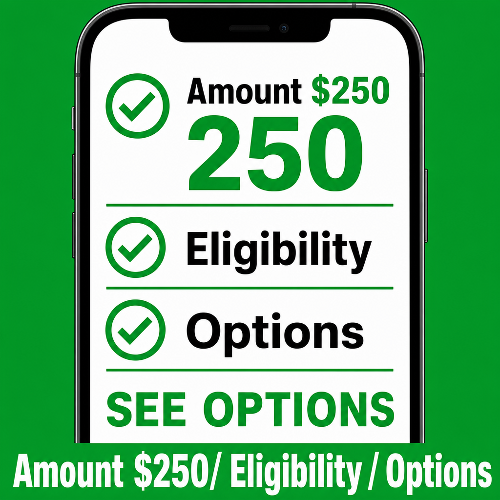Tela de aprovação/check — close de celular com checklist: “Amount $250/ Eligibility / Options” + “SEE OPTIONS
