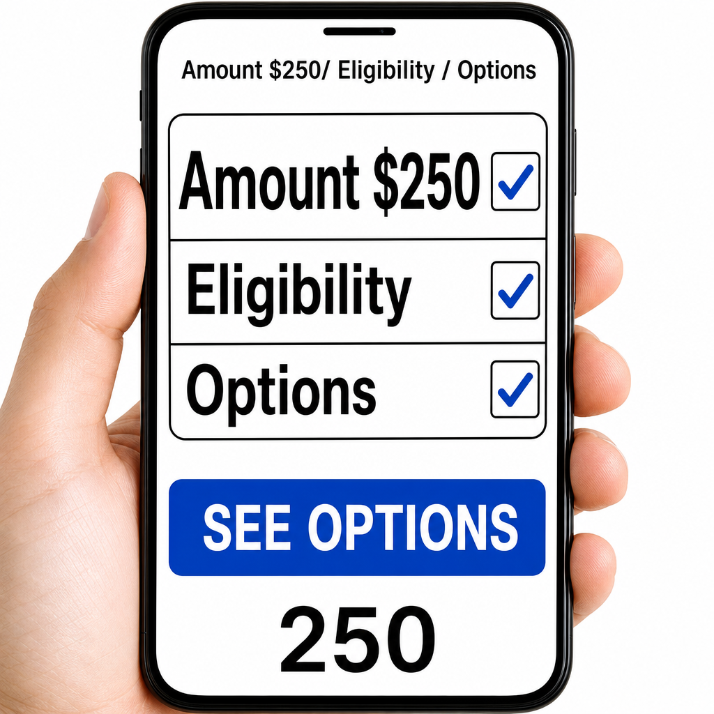 Tela de aprovação/check — close de celular com checklist: “Amount $250/ Eligibility / Options” + “SEE OPTIONS