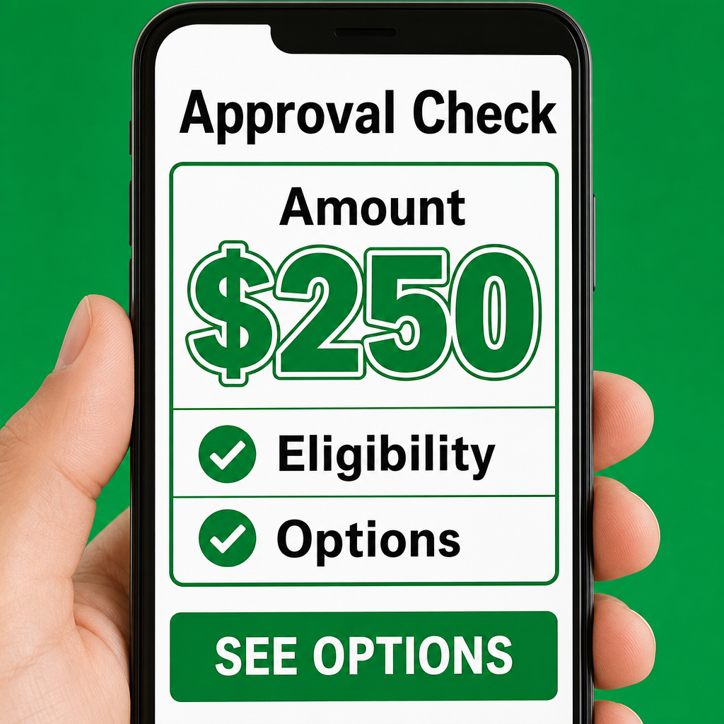 Tela de aprovação/check — close de celular com checklist: “Amount $250/ Eligibility / Options” + “SEE OPTIONS