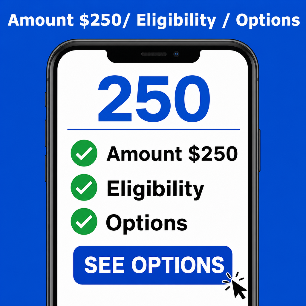 Tela de aprovação/check — close de celular com checklist: “Amount $250/ Eligibility / Options” + “SEE OPTIONS
