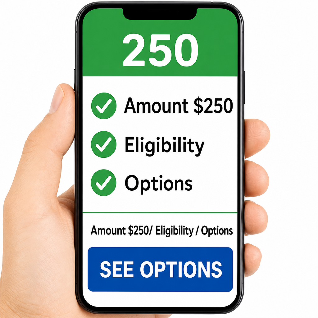 Tela de aprovação/check — close de celular com checklist: “Amount $250/ Eligibility / Options” + “SEE OPTIONS