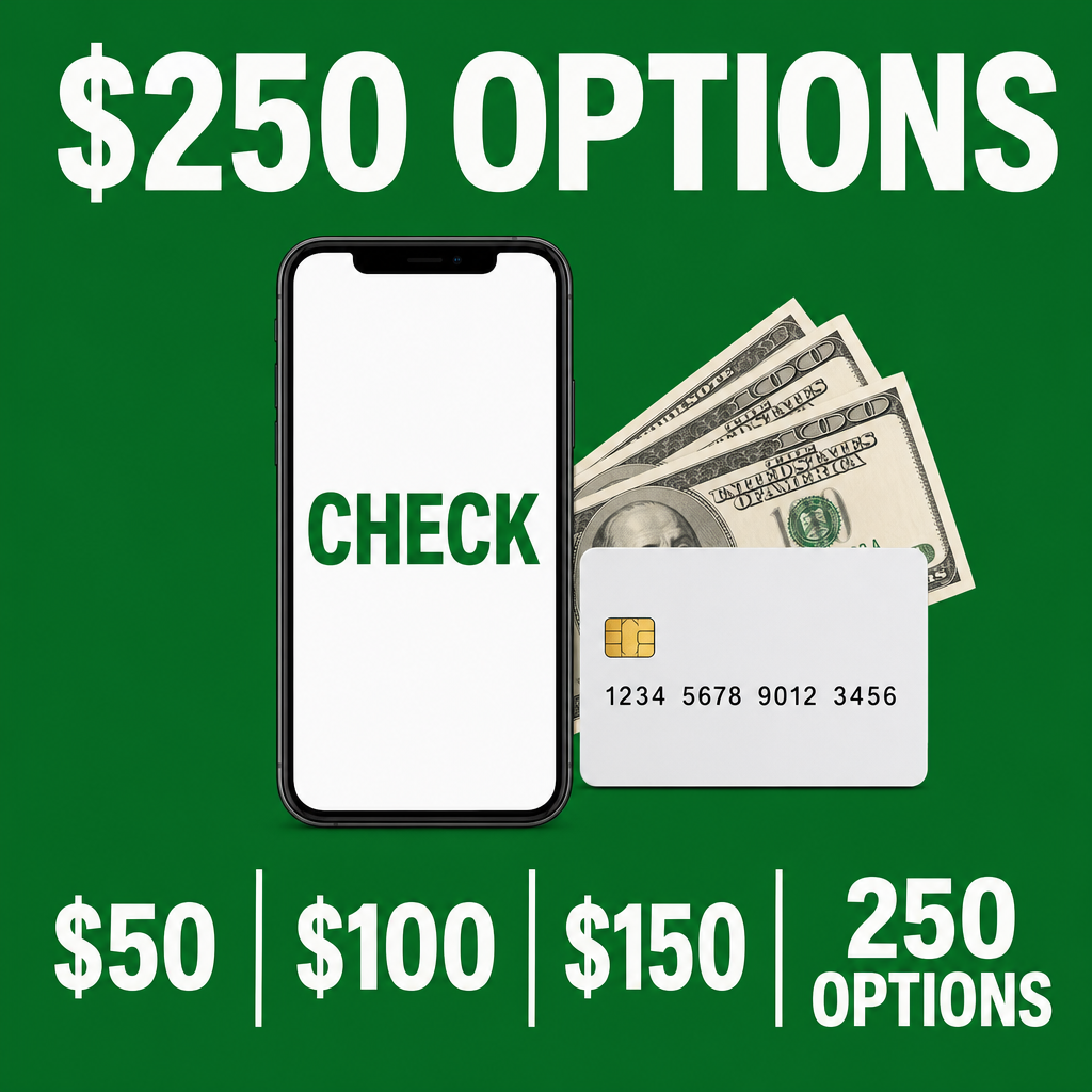 Dinheiro + cartão — notas/cartão/telefone, bem clean + “$250 OPTIONS” + “CHECK