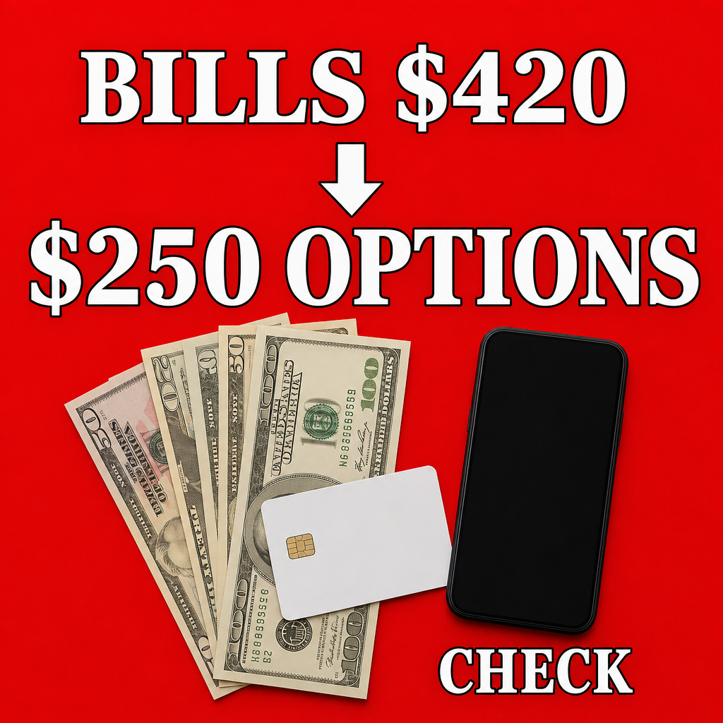 Dinheiro + cartão — notas/cartão/telefone, bem clean + “$250 OPTIONS” + “CHECK