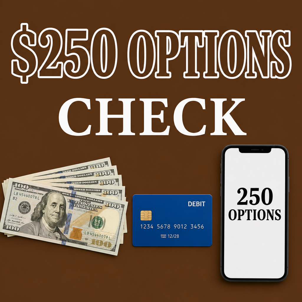 Dinheiro + cartão — notas/cartão/telefone, bem clean + “$250 OPTIONS” + “CHECK
