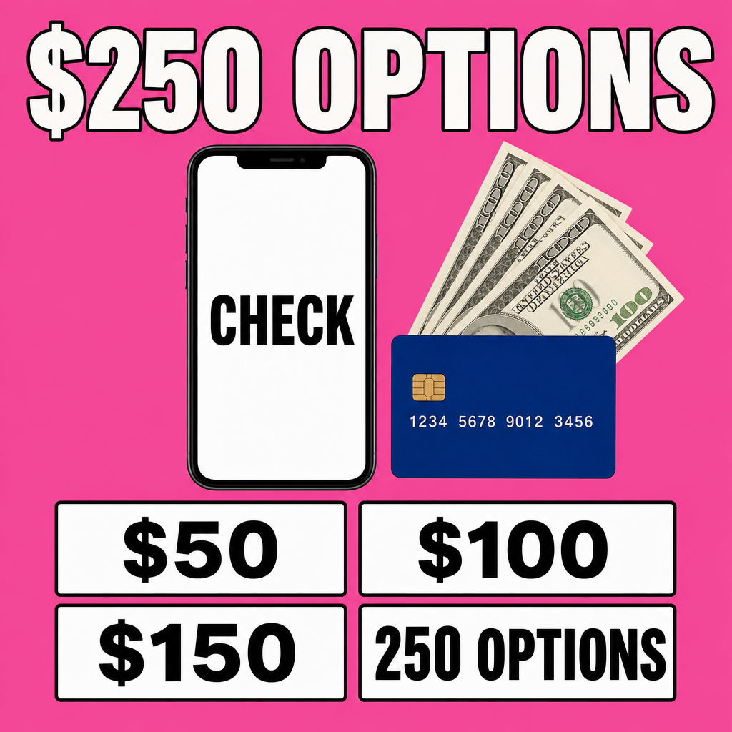 Dinheiro + cartão — notas/cartão/telefone, bem clean + “$250 OPTIONS” + “CHECK