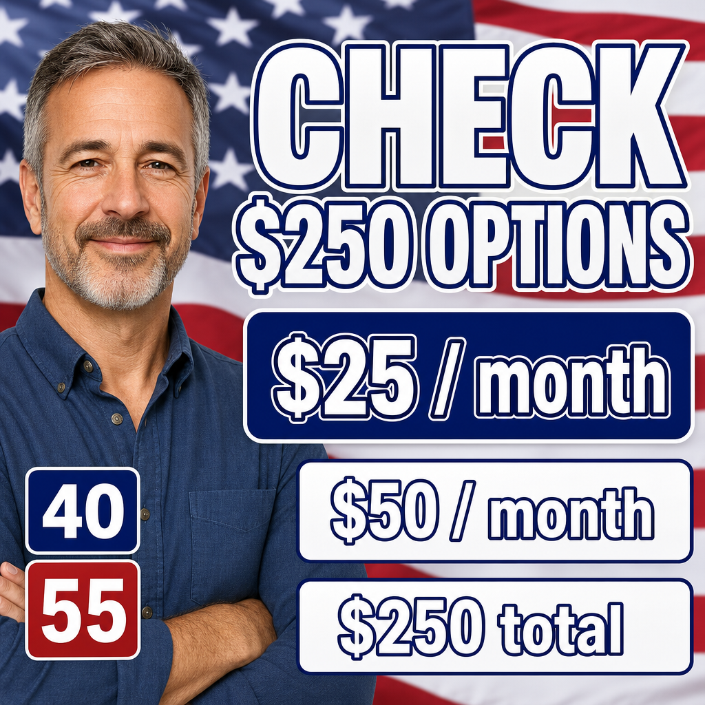 Homem 40–55 anos — fundo com bandeira dos eua, mas sem copiar personagem; “CHECK $250 OPTIONS”.