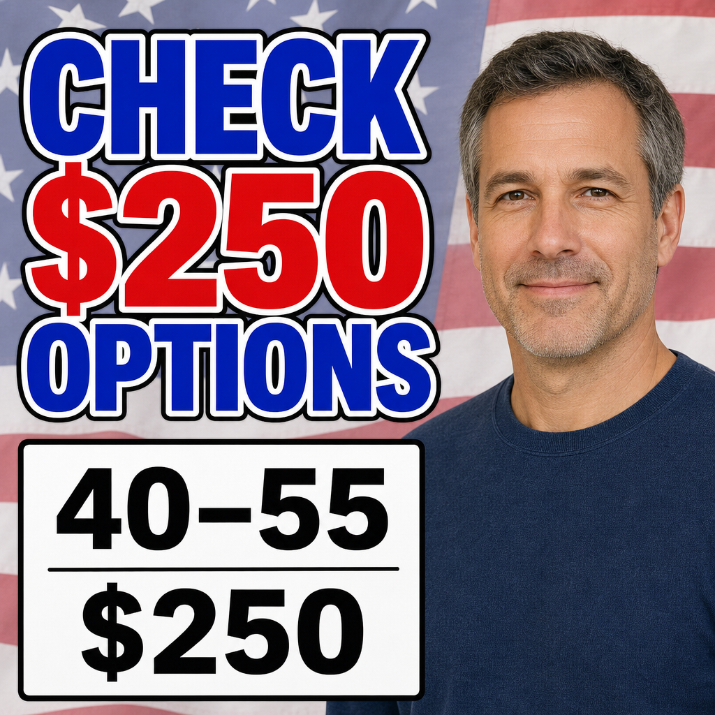 Homem 40–55 anos — fundo com bandeira dos eua, mas sem copiar personagem; “CHECK $250 OPTIONS”.