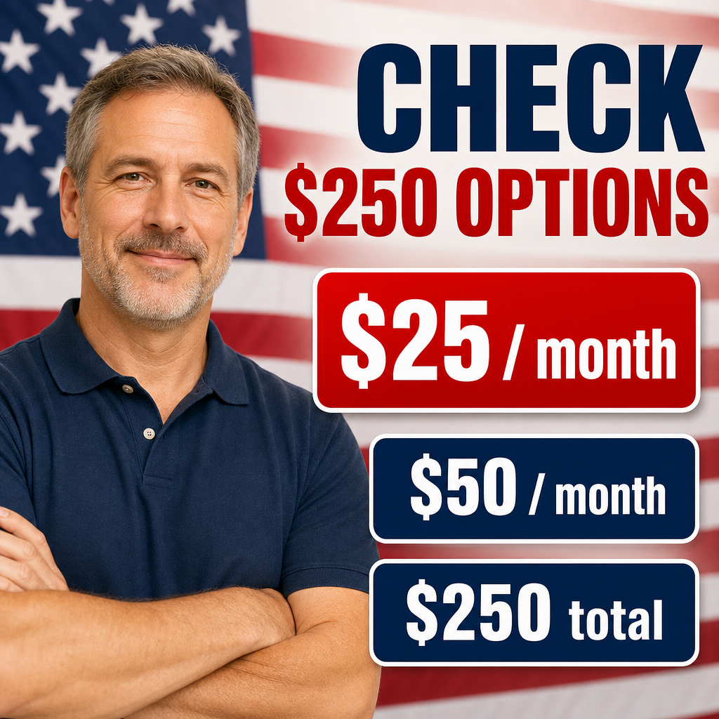 Homem 40–55 anos — fundo com bandeira dos eua, mas sem copiar personagem; “CHECK $250 OPTIONS”.