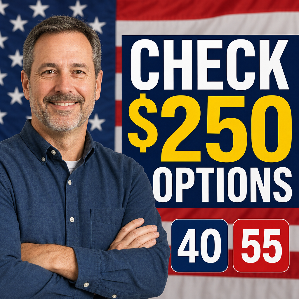 Homem 40–55 anos — fundo com bandeira dos eua, mas sem copiar personagem; “CHECK $250 OPTIONS”.
