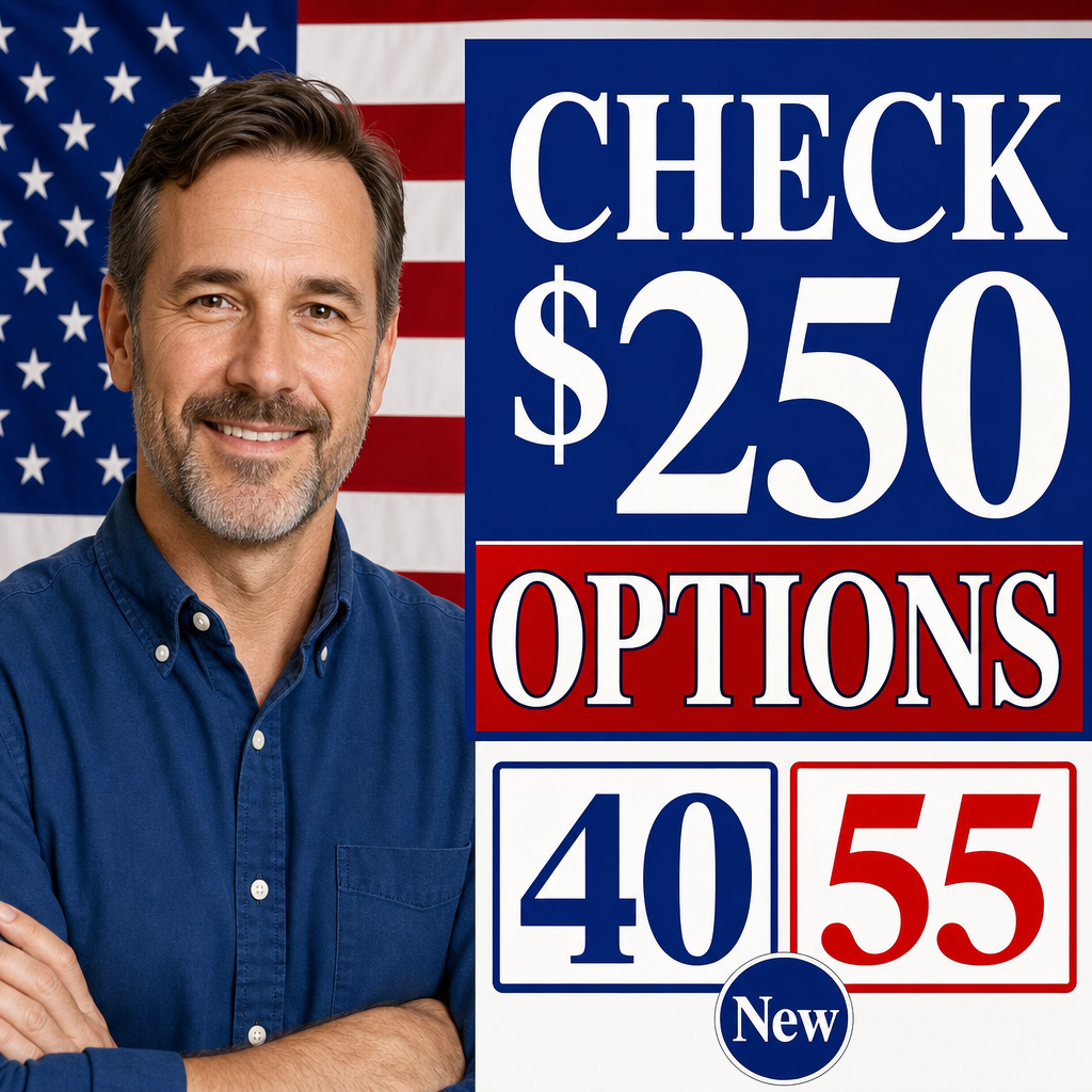 Homem 40–55 anos — fundo com bandeira dos eua, mas sem copiar personagem; “CHECK $250 OPTIONS”.