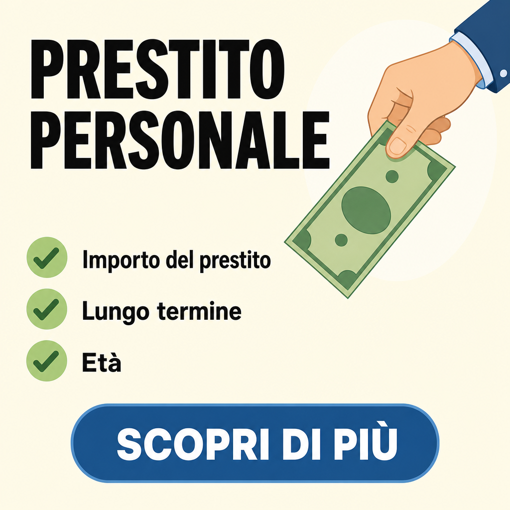 Crie uma peça publicitária quadrada, em formato 1:1, aproximadamente 512 × 512 px, para um anúncio de prestito personale (empréstimo pessoal) destinado ao público da Itália. O design deve reproduzir uma estética de anúncio financeiro simples, popular e direto, semelhante a um criativo de publicidade para redes sociais.  COMPOSIÇÃO GERAL:  Fundo completamente preenchido por uma cor creme/amarelo-pálido muito claro, aproximadamente #FFFBE8, com aparência limpa e uniforme. Não utilizar fotografias reais como fundo. O estilo geral deve ser uma ilustração vetorial/flat design, com elementos simples, contornos suaves e aparência de anúncio comercial.  A composição deve ser dividida visualmente em três áreas:  Título grande na parte superior esquerda Lista de características no centro/esquerda + ilustração de dinheiro no canto superior direito Botão azul grande na parte inferior  TÍTULO:  Na parte superior esquerda, colocar o texto:  “PRESTITO”  e logo abaixo:  “PERSONALE”  As duas palavras devem estar em letras maiúsculas, utilizando uma fonte sans-serif extremamente pesada, grossa e moderna, semelhante a Arial Black, Helvetica/Arial Bold ou uma fonte de publicidade equivalente.  “PRESTITO” deve ocupar praticamente toda a largura disponível da região esquerda, enquanto “PERSONALE” fica imediatamente abaixo.  Texto em preto quase puro (#050505).  O título deve ser o elemento tipográfico mais importante da imagem.  A primeira linha deve ficar aproximadamente a 20–25 px da margem esquerda e 25–30 px do topo.  O espaçamento entre “PRESTITO” e “PERSONALE” deve ser pequeno, formando um bloco compacto de título.  ILUSTRAÇÃO DO DINHEIRO:  No canto superior direito, aproximadamente entre os 45% e 95% da largura da imagem e entre os 0% e 50% da altura, inserir uma ilustração de uma mão humana segurando uma cédula de dinheiro verde, como se estivesse oferecendo ou entregando dinheiro.  A mão aparece entrando pela parte superior direita da imagem.  A pessoa não deve aparecer inteira: somente uma mão e parte do antebraço.  O antebraço deve estar vestido com uma manga de camisa social azul-escura, aparecendo parcialmente na borda superior.  A mão deve ter aparência de ilustração, com:  pele em tom bege claro; dedos bem definidos; linhas simples indicando articulações; contornos discretos; estilo de desenho vetorial; aparência amigável e comercial; sem hiper-realismo.  A mão segura uma cédula verde, inclinada diagonalmente aproximadamente 30–40 graus, apontando para baixo e para a esquerda.  A cédula deve ser predominantemente verde-clara, com detalhes em verde mais escuro, lembrando visualmente uma nota de dinheiro genérica. Ela deve ter formato retangular, com pequenos detalhes gráficos que indiquem que é uma nota.  Não adicionar moedas, carteira, cartão de crédito ou outros objetos.  Atrás da mão e da cédula, adicionar uma forma circular ou oval muito clara, quase branca/creme, funcionando como um elemento decorativo de destaque. Essa forma deve ficar parcialmente escondida atrás da ilustração.  LISTA DE BENEFÍCIOS:  Abaixo do título, aproximadamente a partir de 40–42% da altura da imagem, colocar uma lista vertical com três itens.  Cada item começa com um ícone circular verde-claro, contendo um checkmark/✓ verde mais escuro no centro.  Os três círculos devem possuir:  formato perfeitamente circular; preenchimento verde muito claro; contorno verde; checkmark verde; tamanho aproximado de 32–35 px; alinhamento vertical perfeito.  O primeiro círculo deve estar aproximadamente na posição x=30–35 px, y=215 px.  Ao lado do primeiro ícone, colocar:  “Importo del prestito”  Texto em preto/cinza muito escuro, fonte sans-serif bold, tamanho aproximadamente 20–23 px.  Segundo item, logo abaixo, com espaçamento vertical consistente:  “Lungo termine”  Terceiro item:  “Età”  Os três textos devem ficar alinhados pela mesma margem esquerda depois dos ícones.  A lista deve ser visualmente simples, sem bullets tradicionais — apenas os círculos verdes com checkmark.  BOTÃO / CALL TO ACTION:  Na parte inferior da imagem, aproximadamente entre 77% e 91% da altura, colocar um grande botão horizontal com formato de cápsula arredondada.  O botão deve possuir:  formato retangular horizontal; cantos extremamente arredondados; aproximadamente 330 px de largura; aproximadamente 60 px de altura; fundo azul médio/escuro, semelhante a #285A87; uma borda/contorno azul mais claro ou efeito de profundidade discreto; aparência de botão clicável.  Centralizado dentro do botão, escrever em letras maiúsculas:  “SCOPRI DI PIÙ”  Fonte sans-serif muito pesada/bold, aproximadamente 25–29 px.  Texto branco.  O texto deve estar perfeitamente centralizado horizontal e verticalmente.  ESTILO VISUAL:  O resultado deve parecer um anúncio financeiro simples criado para Facebook/Instagram, e não um banner corporativo sofisticado.  Estética:  flat design; vetor; minimalista; publicidade direta; fundo creme; preto para os textos; verde para os ícones e dinheiro; azul para o botão; alto contraste; poucos elementos; bastante espaço negativo; composição limpa; aparência acessível e popular.  Não adicionar logotipo, marca d'água, telefone, endereço, porcentagens, taxas, gráficos, moedas extras ou textos adicionais.  IMPORTANTE SOBRE A TIPOGRAFIA: todos os textos devem estar escritos exatamente em italiano e devem ser perfeitamente legíveis. Não modificar, traduzir ou substituir nenhuma palavra.  Os textos exatos são:  PRESTITO PERSONALE  Importo del prestito Lungo termine Età  SCOPRI DI PIÙ  A hierarquia visual deve ser: “PRESTITO PERSONALE” → ilustração do dinheiro → lista de benefícios → botão “SCOPRI DI PIÙ”.  O resultado final deve parecer visualmente muito próximo de um criativo de empréstimo pessoal italiano de baixo orçamento, porém bem organizado, com aparência de anúncio que chama atenção rapidamente no feed.