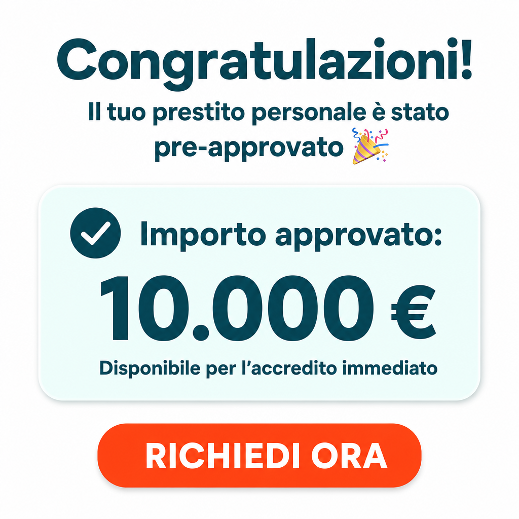 Crie uma peça publicitária quadrada, proporção 1:1, aproximadamente 1000 × 1000 pixels, reproduzindo fielmente a estrutura visual de um anúncio moderno de empréstimo pessoal, porém totalmente adaptado para o mercado italiano.  O design deve ser limpo, minimalista, profissional e amigável, com fundo branco, tipografia grande em azul-petróleo escuro, um cartão informativo verde-água muito claro no centro e um botão de chamada para ação laranja na parte inferior.  IMPORTANTE: manter exatamente a hierarquia, o espaçamento e a composição descritos abaixo, sem adicionar fotografias, pessoas, bancos, logotipos, gráficos ou elementos decorativos desnecessários.  FUNDO  Usar um fundo branco puro (#FFFFFF), completamente limpo.  A imagem deve ter bastante espaço negativo nas laterais, transmitindo aparência de anúncio financeiro digital moderno.  TÍTULO PRINCIPAL  Na região superior, centralizado horizontalmente, colocar uma grande manchete em italiano:  “Congratulazioni!”  O texto deve ocupar aproximadamente os 10–15% superiores da imagem.  Utilizar uma fonte sans-serif pesada/bold, arredondada e moderna, semelhante a Arial Bold, Helvetica Bold ou equivalente.  Cor: azul-petróleo escuro, aproximadamente #075462.  O ponto de exclamação deve permanecer.  O título deve ser o maior elemento textual da composição.  TEXTO SECUNDÁRIO  Logo abaixo do título, centralizado, colocar três linhas de texto:  “Il tuo prestito personale è stato”  “pre-approvato”  A primeira linha deve ter tamanho grande, porém menor que “Congratulazioni!”.  A segunda linha, “pre-approvato”, deve ter tamanho semelhante à primeira.  Manter todo o texto na mesma cor azul-petróleo escura.  Ao lado direito da região de texto, próximo à palavra “pre-approvato”, adicionar um pequeno emoji/ícone de comemoração, semelhante a um party popper 🎉, com cores amarelo, rosa, azul e roxo.  O texto deve permanecer perfeitamente legível.  CARTÃO CENTRAL DE VALOR  Na região central da imagem, aproximadamente entre 40% e 72% da altura, criar um grande cartão horizontal com cantos arredondados.  O cartão deve possuir:  formato retangular horizontal; cantos bastante arredondados; fundo verde-água extremamente claro, aproximadamente #EFFFF8; sombra muito suave; largura aproximada de 85–87% da imagem; altura aproximada de 300 pixels; alinhamento perfeitamente centralizado.  Dentro do cartão, no lado esquerdo superior, colocar um círculo verde-petróleo escuro contendo um símbolo de check branco (✓).  O círculo deve ter aproximadamente 60–70 pixels de diâmetro.  Ao lado do círculo, colocar:  “Importo approvato:”  em fonte sans-serif grande, bold, azul-petróleo escuro.  VALOR DO EMPRÉSTIMO  Abaixo de “Importo approvato:”, colocar o valor:  “10.000 €”  Este deve ser o maior texto dentro do cartão.  Utilizar fonte extremamente bold, sans-serif, com aproximadamente 70–80 pixels de altura.  Cor azul-petróleo escuro.  O valor deve ficar perfeitamente centralizado dentro da área principal do cartão.  Utilizar a convenção italiana/europeia de moeda, com o símbolo € depois do valor:  10.000 €  Não utilizar “AUD”, “USD” ou qualquer moeda estrangeira.  TEXTO ABAIXO DO VALOR  Logo abaixo de “10.000 €”, colocar:  “Disponibile per l'accredito immediato”  Fonte sans-serif de tamanho médio, aproximadamente 30–34 pixels.  Cor azul-petróleo escuro.  O texto deve estar centralizado.  BOTÃO INFERIOR  Na parte inferior da composição, aproximadamente entre 80% e 92% da altura, colocar um botão grande horizontal.  O botão deve ter:  formato de cápsula; cantos totalmente arredondados; fundo laranja vibrante, aproximadamente #FF6338; largura de aproximadamente 55–60% da imagem; altura aproximada de 100–110 pixels; aparência de botão digital clicável; nenhuma borda complexa; sombra muito discreta.  Dentro do botão, escrever em letras maiúsculas:  “RICHIEDI ORA”  Texto branco.  Fonte sans-serif extremamente bold.  Tamanho aproximadamente 38–45 pixels.  Centralizar perfeitamente o texto dentro do botão.  HIERARQUIA VISUAL FINAL  A composição deve ser visualmente organizada nesta ordem:  Congratulazioni!  ↓  Il tuo prestito personale è stato pre-approvato 🎉  ↓  [ ✓ ] Importo approvato:  10.000 €  Disponibile per l'accredito immediato  ↓  [ RICHIEDI ORA ]  ESTILO  O resultado deve parecer um anúncio de empréstimo pessoal italiano para redes sociais, com aparência de interface financeira moderna e simples.  Utilizar somente:  branco no fundo; azul-petróleo escuro nos textos; verde-água muito claro no cartão; verde-petróleo no ícone de aprovação; branco no check; laranja vibrante no botão; cores pequenas e alegres apenas no emoji de comemoração.  Não adicionar pessoas, dinheiro físico, moedas, cartões, prédios, bandeiras italianas, logotipos ou marcas.  Todos os textos devem estar em italiano e perfeitamente legíveis.  Textos exatos da arte:  Congratulazioni!  Il tuo prestito personale è stato pre-approvato 🎉  Importo approvato:  10.000 €  Disponibile per l'accredito immediato  RICHIEDI ORA  A aparência final deve ser muito próxima de um anúncio de “empréstimo pré-aprovado”, mantendo a simplicidade e o impacto visual da referência original, mas com euro, idioma italiano e contexto de mercado italiano.