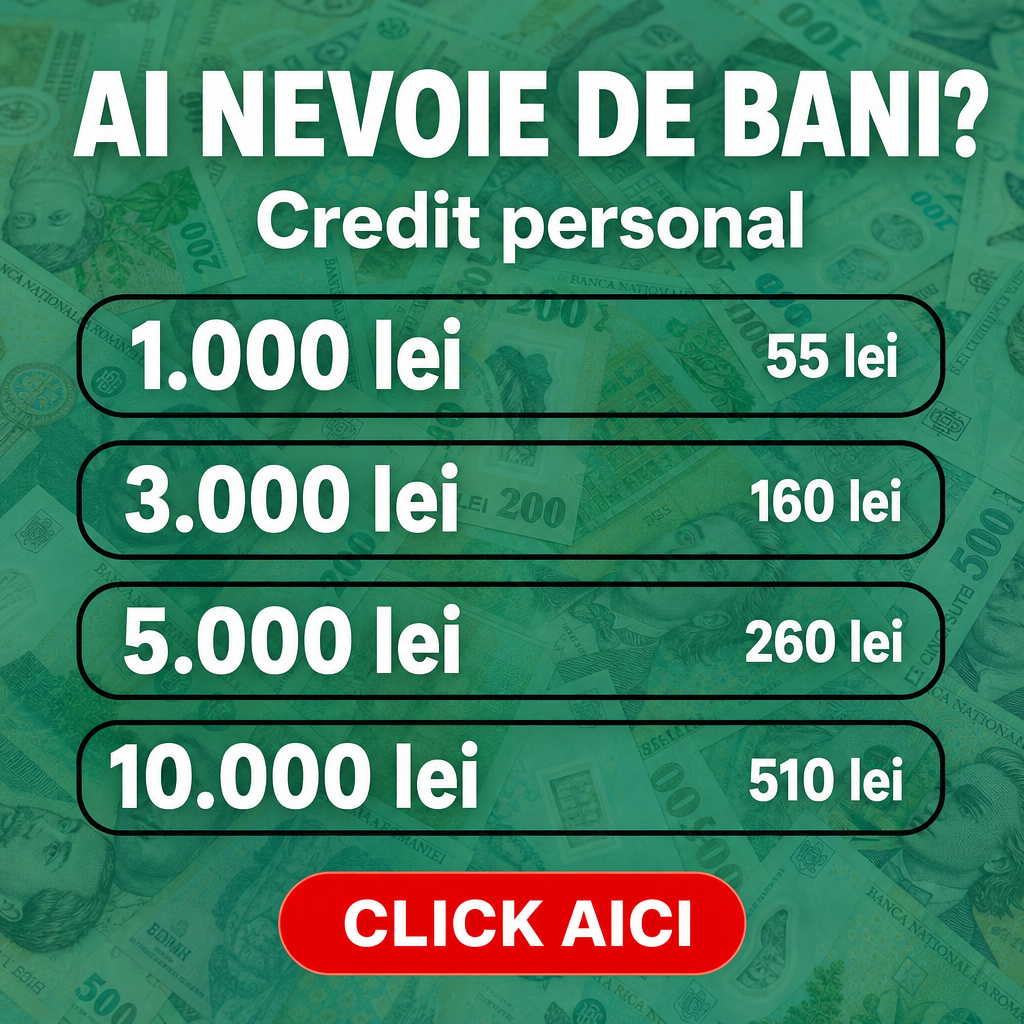 Crie um anúncio publicitário financeiro quadrado, formato 1:1 (500 × 500 px), mantendo uma composição extremamente semelhante a um criativo profissional de crédito pessoal.  Fundo: utilizar uma fotografia realista de cédulas de dinheiro romenas (lei/RON) espalhadas e parcialmente sobrepostas, ocupando toda a imagem. Aplicar sobre as cédulas uma camada verde/turquesa semitransparente, deixando as notas visíveis de maneira sutil, com baixo contraste, criando um fundo financeiro elegante sem prejudicar a leitura do texto.  Topo: centralizar um título grande, branco, em fonte sans-serif extra bold, escrito exatamente:  “AI NEVOIE DE BANI?”  Logo abaixo, centralizado, colocar o subtítulo branco em negrito:  “Credit personal”  Manter espaçamento vertical pequeno e equilibrado entre título e subtítulo.  Centro: criar exatamente 4 caixas horizontais, empilhadas verticalmente, com espaçamento uniforme. Cada caixa deve ser um retângulo comprido com cantos totalmente arredondados, quase em formato de cápsula, com contorno preto fino e interior transparente, permitindo visualizar suavemente o fundo verde.  Dentro das caixas, colocar os textos em branco:  Primeira caixa: à esquerda “1.000 lei”, grande e extra bold; à direita “55 lei”, menor e bold.  Segunda caixa: à esquerda “3.000 lei”, grande e extra bold; à direita “160 lei”, menor e bold.  Terceira caixa: à esquerda “5.000 lei”, grande e extra bold; à direita “260 lei”, menor e bold.  Quarta caixa: à esquerda “10.000 lei”, grande e extra bold; à direita “510 lei”, menor e bold.  Manter os valores da esquerda alinhados de maneira consistente e os valores da direita alinhados de maneira consistente. Criar bastante espaço interno nas caixas.  Parte inferior: adicionar um botão de chamada para ação centralizado, em formato de cápsula, aproximadamente com 280 px de largura e 55 px de altura, preenchido com vermelho vivo. Dentro dele, colocar em branco, centralizado e em negrito:  “CLICK AICI”  Estilo geral: anúncio moderno de crédito pessoal, minimalista, direto, alto contraste, tipografia limpa e pesada, alinhamento perfeitamente simétrico, espaçamento uniforme, aparência profissional de publicidade para redes sociais. A paleta deve ser predominantemente verde/turquesa + branco, com o vermelho reservado ao botão e preto apenas nos contornos das caixas.  Não adicionar: logotipos, pessoas em primeiro plano, ícones, moedas flutuantes, gráficos, selos, informações extras, sombras exageradas, gradientes chamativos ou elementos decorativos adicionais.  Importante: preservar exatamente os textos em romeno, incluindo acentuação, pontuação, valores e moeda lei. A composição deve parecer uma reprodução fiel do layout descrito, não uma nova interpretação do design.