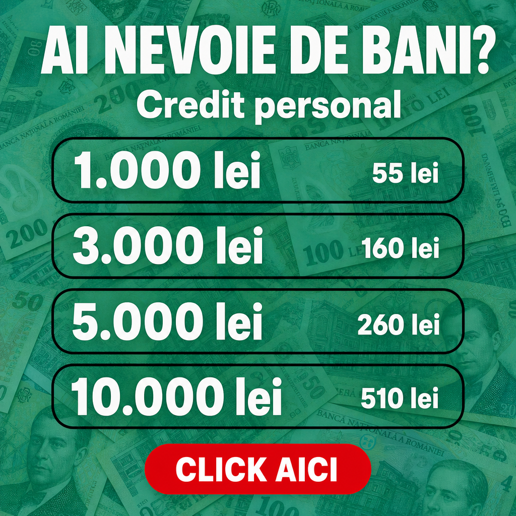 Crie um anúncio publicitário financeiro quadrado, formato 1:1 (500 × 500 px), mantendo uma composição extremamente semelhante a um criativo profissional de crédito pessoal.  Fundo: utilizar uma fotografia realista de cédulas de dinheiro romenas (lei/RON) espalhadas e parcialmente sobrepostas, ocupando toda a imagem. Aplicar sobre as cédulas uma camada verde/turquesa semitransparente, deixando as notas visíveis de maneira sutil, com baixo contraste, criando um fundo financeiro elegante sem prejudicar a leitura do texto.  Topo: centralizar um título grande, branco, em fonte sans-serif extra bold, escrito exatamente:  “AI NEVOIE DE BANI?”  Logo abaixo, centralizado, colocar o subtítulo branco em negrito:  “Credit personal”  Manter espaçamento vertical pequeno e equilibrado entre título e subtítulo.  Centro: criar exatamente 4 caixas horizontais, empilhadas verticalmente, com espaçamento uniforme. Cada caixa deve ser um retângulo comprido com cantos totalmente arredondados, quase em formato de cápsula, com contorno preto fino e interior transparente, permitindo visualizar suavemente o fundo verde.  Dentro das caixas, colocar os textos em branco:  Primeira caixa: à esquerda “1.000 lei”, grande e extra bold; à direita “55 lei”, menor e bold.  Segunda caixa: à esquerda “3.000 lei”, grande e extra bold; à direita “160 lei”, menor e bold.  Terceira caixa: à esquerda “5.000 lei”, grande e extra bold; à direita “260 lei”, menor e bold.  Quarta caixa: à esquerda “10.000 lei”, grande e extra bold; à direita “510 lei”, menor e bold.  Manter os valores da esquerda alinhados de maneira consistente e os valores da direita alinhados de maneira consistente. Criar bastante espaço interno nas caixas.  Parte inferior: adicionar um botão de chamada para ação centralizado, em formato de cápsula, aproximadamente com 280 px de largura e 55 px de altura, preenchido com vermelho vivo. Dentro dele, colocar em branco, centralizado e em negrito:  “CLICK AICI”  Estilo geral: anúncio moderno de crédito pessoal, minimalista, direto, alto contraste, tipografia limpa e pesada, alinhamento perfeitamente simétrico, espaçamento uniforme, aparência profissional de publicidade para redes sociais. A paleta deve ser predominantemente verde/turquesa + branco, com o vermelho reservado ao botão e preto apenas nos contornos das caixas.  Não adicionar: logotipos, pessoas em primeiro plano, ícones, moedas flutuantes, gráficos, selos, informações extras, sombras exageradas, gradientes chamativos ou elementos decorativos adicionais.  Importante: preservar exatamente os textos em romeno, incluindo acentuação, pontuação, valores e moeda lei. A composição deve parecer uma reprodução fiel do layout descrito, não uma nova interpretação do design.