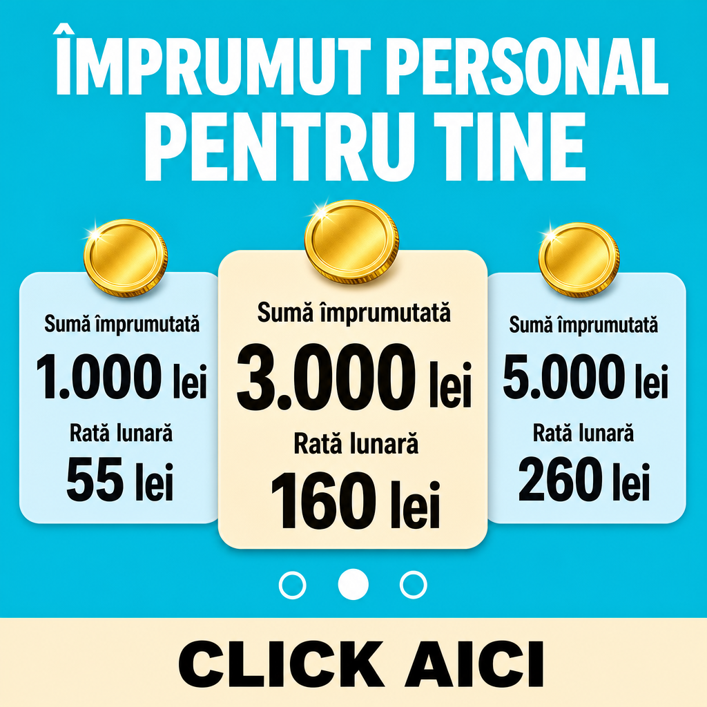 Crie um criativo publicitário quadrado, formato 1:1, 500 × 500 px, para divulgação de empréstimo pessoal em lei romeno (RON). O design deve preservar a estrutura visual de um anúncio moderno composto por três cards de ofertas financeiras, mas os cards devem representar claramente ofertas de empréstimo pessoal, e não cartões de crédito.  Use um fundo azul-turquesa/ciano sólido e vibrante, limpo e uniforme.  Na parte superior, centralize um título grande em fonte sans-serif branca, bold, em letras maiúsculas:  “ÎMPRUMUT PERSONAL”  Na linha abaixo:  “PENTRU TINE”  Abaixo do título, criar três painéis promocionais de empréstimo pessoal, lado a lado, com cantos arredondados e parcialmente sobrepostos. O painel central deve ser maior e ficar visualmente na frente dos dois painéis laterais.  IMPORTANTE: os painéis são ofertas de empréstimo, não cartões bancários. Não incluir chip, números de cartão, bandeiras Visa ou Mastercard, validade, tarja magnética, nome de titular ou qualquer elemento que faça parecer um cartão de crédito.  O painel esquerdo deve ter fundo azul-claro e apresentar:  “Sumă împrumutată” “1.000 lei” “Rată lunară” “55 lei”  O painel central deve ser maior, com fundo bege/creme claro, e apresentar:  “Sumă împrumutată” “3.000 lei” “Rată lunară” “160 lei”  O valor “3.000 lei” deve ser significativamente maior que os outros textos e ser o principal ponto de destaque.  O painel direito deve ter fundo azul-claro e apresentar:  “Sumă împrumutată” “5.000 lei” “Rată lunară” “260 lei”  Adicionar três moedas douradas tridimensionais, uma sobre cada painel, parcialmente sobrepostas à borda superior. As moedas devem parecer metálicas, brilhantes, realistas e associadas ao conceito de dinheiro e empréstimo.  Abaixo dos três painéis, adicionar três pequenos círculos de navegação alinhados horizontalmente, com o círculo central destacado.  Na parte inferior, criar uma faixa horizontal bege/creme claro ocupando toda a largura da imagem. No centro da faixa colocar:  “CLICK AICI”  em fonte sans-serif preta, bold e maiúscula.  O resultado deve parecer um anúncio profissional de empréstimo pessoal, não um anúncio de cartão de crédito. Manter a composição simétrica, os mesmos princípios de sobreposição dos cards, a moeda dourada sobre cada oferta, o painel central maior, o fundo azul-turquesa, a faixa inferior bege e a hierarquia visual forte.  Não adicionar: cartões físicos, chips, bandeiras de cartão, números de cartão, pessoas, logotipos, gráficos, ícones desnecessários ou informações financeiras adicionais. Todos os textos devem estar em romeno e perfeitamente legíveis.