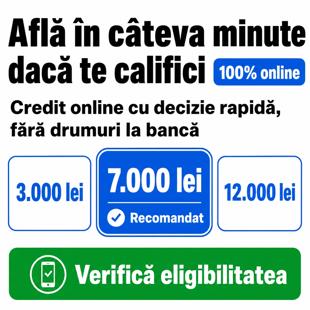 Crie um anúncio financeiro quadrado, 640 × 640 px, fundo branco limpo, estilo moderno de publicidade para crédito online na Romênia.  Na parte superior, coloque um título enorme em preto, sans-serif, extra bold, dividido em duas linhas:  “Află în câteva minute” “dacă te califici”  Próximo ao lado direito da segunda linha, coloque uma pequena cápsula azul com texto branco bold:  “100% online”  Abaixo, adicione o texto em preto, grande e bold:  “Credit online cu decizie rapidă,” “fără drumuri la bancă”  Na região central, crie três cartões horizontais lado a lado.  O cartão esquerdo deve ter fundo branco, borda azul e cantos arredondados, contendo:  “3.000 lei”  em azul, grande e bold.  O cartão central deve ser maior e visualmente destacado, com fundo azul intenso, borda azul e cantos arredondados. Dentro dele, colocar:  “7.000 lei”  em branco, enorme e extra bold.  Abaixo do valor, inserir uma linha horizontal branca. Abaixo dela, adicionar um ícone circular branco com um símbolo de check e o texto:  “Recomandat”  em branco e bold.  O cartão direito deve ter fundo branco, borda azul e conter:  “12.000 lei”  em azul, grande e bold.  Na parte inferior, criar um grande botão verde com cantos fortemente arredondados, ocupando aproximadamente 85–90% da largura da imagem.  Dentro do botão, no lado esquerdo, colocar um ícone branco circular de smartphone com check. Ao lado do ícone, escrever em branco, grande e extra bold:  “Verifică eligibilitatea”  Manter muito espaço branco, tipografia pesada, alinhamentos rigorosos, aparência de anúncio financeiro profissional, contraste elevado e hierarquia visual clara. Não adicionar fotografias, pessoas ou elementos decorativos extras. Todos os textos devem estar perfeitamente legíveis e escritos exatamente em romeno.