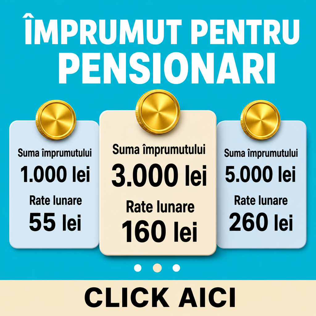 Crie um criativo publicitário financeiro quadrado, 500 × 500 px, proporção 1:1, com design moderno, limpo e profissional, reproduzindo fielmente a composição de um anúncio de crédito pessoal para pensionistas na Romênia.  Use um fundo sólido azul-turquesa/ciano intenso ocupando toda a imagem.  Na parte superior, centralize um título grande em fonte sans-serif branca, bold, letras maiúsculas, dividido em duas linhas:  “ÎMPRUMUT PENTRU” “PENSIONARI”  Abaixo do título, coloque três cartões financeiros arredondados horizontalmente, parcialmente sobrepostos.  O cartão da esquerda deve ser azul-claro/cinza-azulado, com cantos arredondados e conter:  “Suma împrumutului” “1.000 lei” “Rate lunare” “55 lei”  O cartão central deve ser maior, estar visualmente à frente dos outros dois e possuir fundo bege/creme claro. Ele deve conter:  “Suma împrumutului” “3.000 lei”  com “3.000 lei” em fonte preta grande e destacada, seguido por:  “Rate lunare” “160 lei”  O cartão direito deve ser azul-claro/cinza-azulado e conter:  “Suma împrumutului” “5.000 lei” “Rate lunare” “260 lei”  Adicione três moedas douradas metálicas tridimensionais, uma sobre cada cartão, parcialmente sobrepondo a borda superior dos cartões. As moedas devem ter brilho, relevo, bordas douradas e aparência realista.  Abaixo dos cartões, centralize três pequenos círculos de navegação/carrossel, com o círculo central visualmente destacado.  Na parte inferior da imagem, crie uma faixa horizontal bege/creme claro ocupando toda a largura, contendo no centro o texto preto, bold e maiúsculo:  “CLICK AICI”  Manter espaçamentos, proporções, alinhamentos e hierarquia visual muito próximos de um anúncio profissional de rede social. Não adicionar logotipos, pessoas, ícones extras ou informações não solicitadas. Todos os textos devem estar perfeitamente legíveis e escritos exatamente em romeno.
