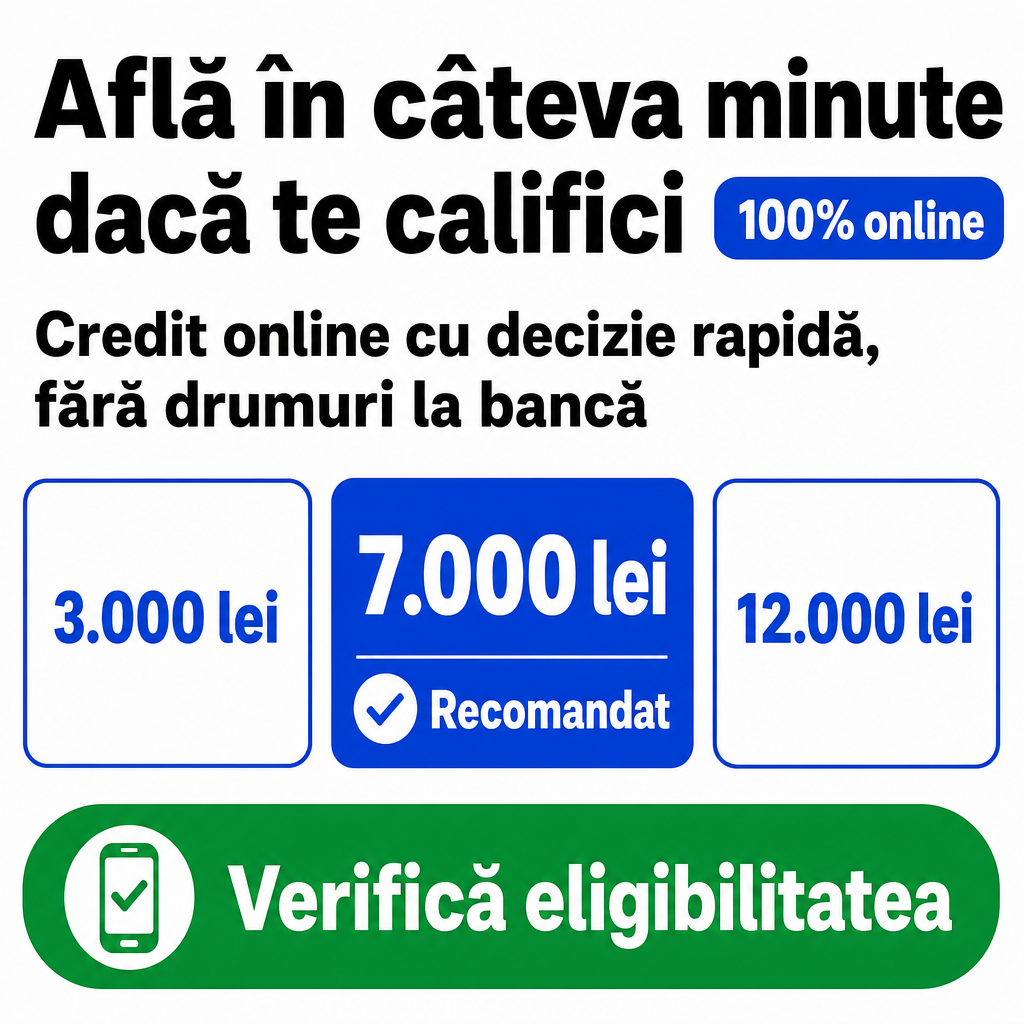 Crie um anúncio financeiro quadrado, 640 × 640 px, fundo branco limpo, estilo moderno de publicidade para crédito online na Romênia.  Na parte superior, coloque um título enorme em preto, sans-serif, extra bold, dividido em duas linhas:  “Află în câteva minute” “dacă te califici”  Próximo ao lado direito da segunda linha, coloque uma pequena cápsula azul com texto branco bold:  “100% online”  Abaixo, adicione o texto em preto, grande e bold:  “Credit online cu decizie rapidă,” “fără drumuri la bancă”  Na região central, crie três cartões horizontais lado a lado.  O cartão esquerdo deve ter fundo branco, borda azul e cantos arredondados, contendo:  “3.000 lei”  em azul, grande e bold.  O cartão central deve ser maior e visualmente destacado, com fundo azul intenso, borda azul e cantos arredondados. Dentro dele, colocar:  “7.000 lei”  em branco, enorme e extra bold.  Abaixo do valor, inserir uma linha horizontal branca. Abaixo dela, adicionar um ícone circular branco com um símbolo de check e o texto:  “Recomandat”  em branco e bold.  O cartão direito deve ter fundo branco, borda azul e conter:  “12.000 lei”  em azul, grande e bold.  Na parte inferior, criar um grande botão verde com cantos fortemente arredondados, ocupando aproximadamente 85–90% da largura da imagem.  Dentro do botão, no lado esquerdo, colocar um ícone branco circular de smartphone com check. Ao lado do ícone, escrever em branco, grande e extra bold:  “Verifică eligibilitatea”  Manter muito espaço branco, tipografia pesada, alinhamentos rigorosos, aparência de anúncio financeiro profissional, contraste elevado e hierarquia visual clara. Não adicionar fotografias, pessoas ou elementos decorativos extras. Todos os textos devem estar perfeitamente legíveis e escritos exatamente em romeno.