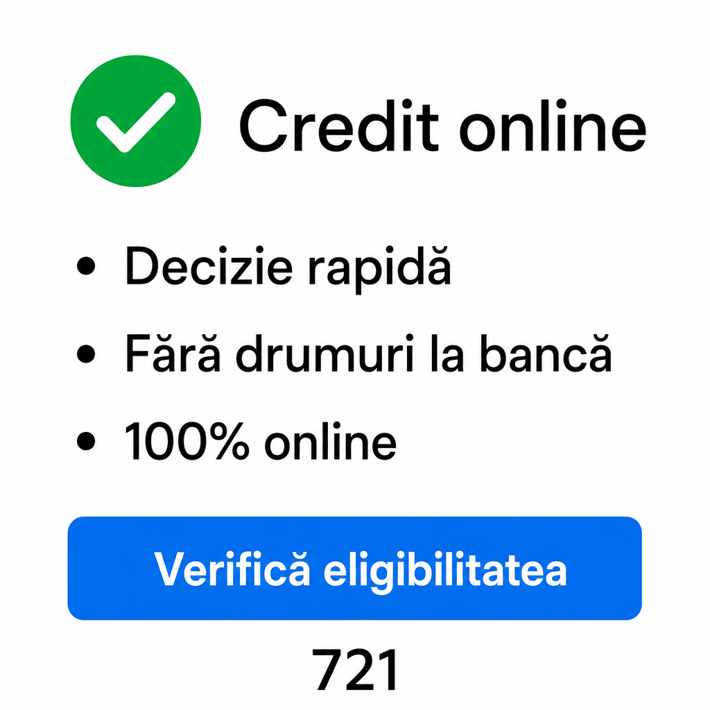 Crie uma peça publicitária vertical minimalista para crédito online na Romênia, proporção aproximadamente 3:4, 721 × 960 px, com fundo branco limpo e amplo espaço negativo.  No terço superior, coloque à esquerda um grande círculo verde sólido, aproximadamente 135 px de diâmetro, contendo dentro um grande símbolo de check branco, com traços grossos, simples e modernos.  À direita do círculo, centralizado verticalmente em relação a ele, coloque o título:  “Credit online”  em fonte sans-serif grande, preta ou cinza muito escura, com peso regular/medium.  Abaixo dessa composição, coloque uma lista vertical de três benefícios. Cada item deve começar com um pequeno bullet circular preto:  “Decizie rapidă” “Fără drumuri la bancă” “100% online”  Use uma fonte sans-serif preta/cinza-escura, grande e limpa, com espaçamento vertical generoso entre cada item.  Na parte inferior central da composição, coloque um botão azul largo, com aproximadamente 75–80% da largura da imagem, altura moderada e cantos arredondados.  Dentro do botão, centralizado, escrever em branco e bold:  “Verifică eligibilitatea”  O resultado deve ser extremamente limpo, moderno e minimalista, semelhante a um material institucional de serviço financeiro digital. Usar apenas branco, preto/cinza-escuro, verde e azul. Não adicionar fotografias, dinheiro, moedas, pessoas, logotipos, sombras pesadas ou elementos decorativos desnecessários. Preservar bastante espaço branco e uma hierarquia visual elegante. Todos os textos devem estar perfeitamente legíveis e escritos exatamente em romeno.