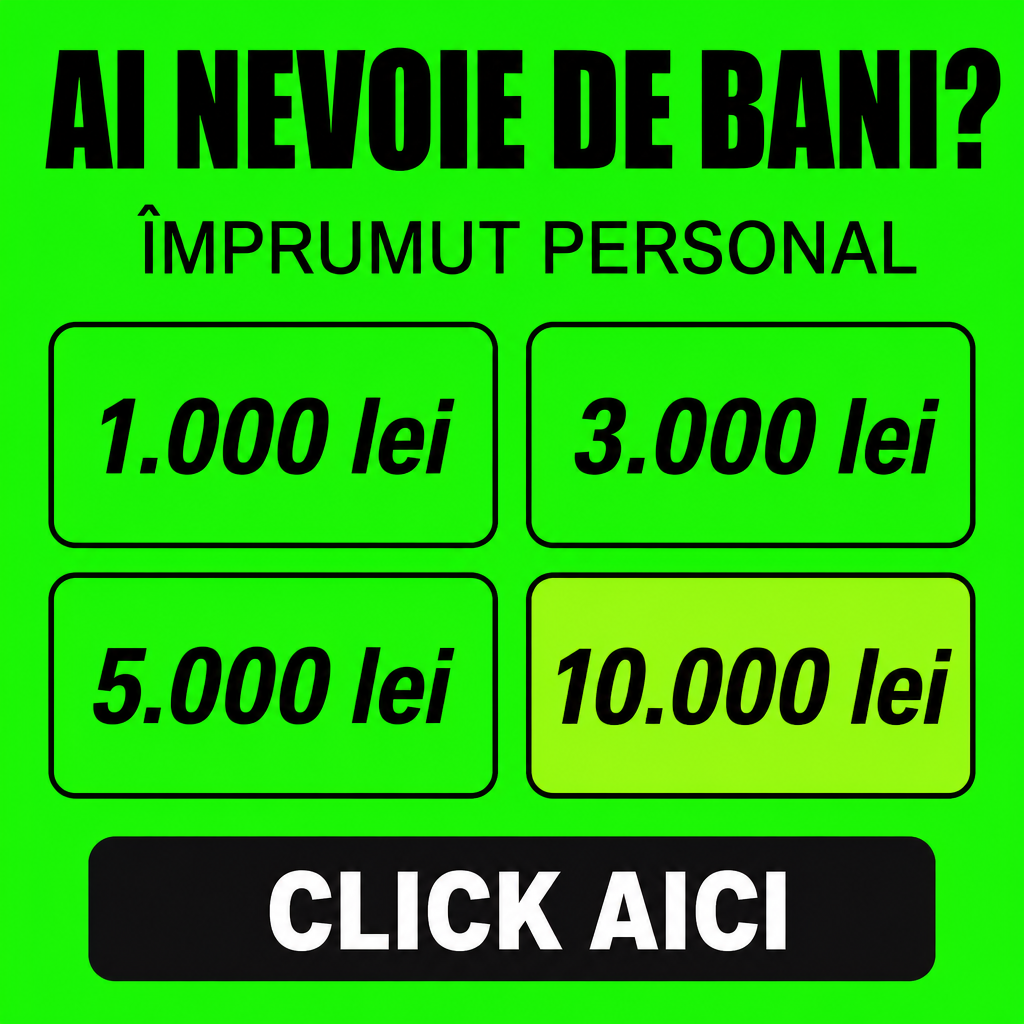 Crie um criativo publicitário quadrado de crédito pessoal, 500 × 500 px, com uma composição extremamente simples e fiel a um anúncio moderno para empréstimos na Romênia.  Use um fundo verde-neon/verde fluorescente extremamente saturado, completamente uniforme e sem textura.  Na parte superior, centralize o título grande:  “AI NEVOIE DE BANI?”  Use fonte sans-serif preta, extra bold, em letras maiúsculas.  Logo abaixo, centralize:  “ÎMPRUMUT PERSONAL”  em preto, sans-serif, tamanho médio/grande e peso regular.  No centro da arte, crie quatro caixas horizontais arredondadas organizadas em uma grade 2 × 2. Cada caixa deve ter fundo verde semelhante ao fundo, contorno preto fino e cantos arredondados.  Caixa superior esquerda: “1.000 lei”  Caixa superior direita: “3.000 lei”  Caixa inferior esquerda: “5.000 lei”  Caixa inferior direita: “10.000 lei”  Todos os valores devem estar em preto, fonte sans-serif itálica, centralizados dentro das caixas.  A caixa “10.000 lei” deve possuir um fundo verde ligeiramente mais claro para criar destaque.  Na parte inferior, adicionar um botão preto/cinza muito escuro, largo, horizontal e com cantos arredondados. Dentro dele, centralizar em branco, grande, bold e maiúsculo:  “CLICK AICI”  Preservar rigorosamente a composição 2 × 2, os espaçamentos, o fundo verde vibrante, a hierarquia tipográfica e o posicionamento centralizado. Não adicionar pessoas, dinheiro, ícones, logotipos ou elementos extras.