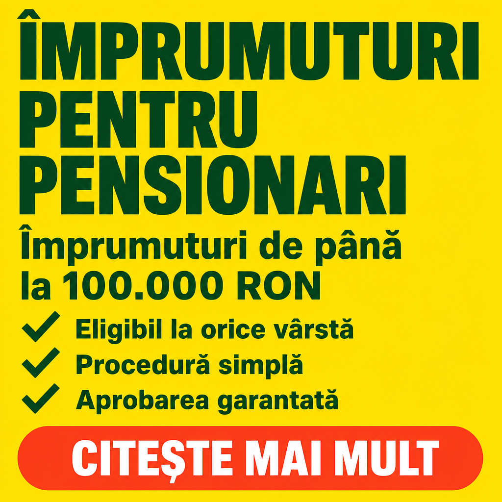 Crie um anúncio financeiro quadrado, aproximadamente 1024 × 1024 px, com fundo amarelo vivo uniforme e design tipográfico extremamente chamativo.  Na parte superior esquerda, coloque um grande bloco de texto verde-escuro, em fonte sans-serif extra bold, letras maiúsculas, dividido em três linhas:  “ÎMPRUMUTURI” “PENTRU” “PENSIONARI”  Logo abaixo, colocar em verde-escuro, bold e grande:  “Împrumuturi de până” “la 100.000 RON”  Abaixo do texto, criar uma lista vertical com três benefícios. Cada item deve possuir um grande símbolo de check verde à esquerda:  “Eligibil la orice vârstă” “Procedură simplă” “Aprobarea garantată”  Usar tipografia verde-escura, grande, sans-serif e bold.  Na parte inferior, criar um grande botão horizontal em formato de cápsula, com fundo coral/laranja-avermelhado. Dentro dele, colocar em branco, grande, extra bold e centralizado:  “CITEȘTE MAI MULT”  Manter fundo amarelo completamente limpo, forte contraste amarelo/verde/coral, alinhamento predominantemente à esquerda e ampla hierarquia tipográfica. Não adicionar fotografias, pessoas, dinheiro ou elementos decorativos extras.