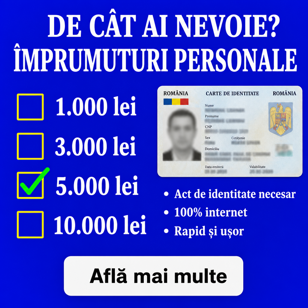 Crie um criativo publicitário financeiro quadrado, 500 × 500 px, com fundo azul royal/elétrico intenso e uniforme.  No topo, centralize duas linhas de texto em branco, sans-serif bold:  “DE CÂT AI NEVOIE?”  “ÎMPRUMUTURI PERSONALE”  Na região central esquerda, criar uma lista vertical com quatro opções. Cada opção deve ter um pequeno quadrado de seleção com borda amarela e interior azul, seguido por um valor grande em branco:  “1.000 lei” “3.000 lei” “5.000 lei” “10.000 lei”  A terceira opção, “5.000 lei”, deve estar selecionada por um grande check verde, grosso e diagonal, sobrepondo o quadrado amarelo.  Na região superior direita, adicionar um mockup genérico de um documento de identidade romeno, mostrado como uma pequena carteira/documento retangular horizontal. O documento deve parecer plausível visualmente, mas conter apenas dados fictícios e ilegíveis, sem reproduzir qualquer identidade real ou informação pessoal.  Abaixo do documento, colocar três bullets pequenos em branco:  “Act de identitate necesar” “100% internet” “Rapid și ușor”  Na parte inferior central, adicionar um botão branco ou cinza muito claro, horizontal, com cantos arredondados. Dentro dele escrever em preto, grande e bold:  “Află mai multe”  Manter a composição compacta, forte contraste azul/branco/amarelo/verde, hierarquia clara e aparência de anúncio de crédito para redes sociais. Não adicionar elementos que não estejam descritos.