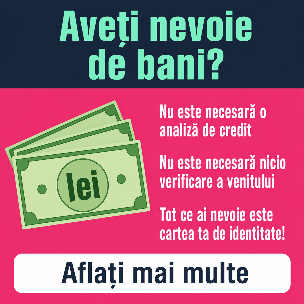 Crie um criativo publicitário financeiro quadrado, 500 × 500 px, com design gráfico colorido, simples e moderno.  Divida a imagem horizontalmente em duas áreas.  A área superior deve ocupar aproximadamente 27% da imagem e ter fundo azul-marinho/cinza-azulado escuro.  A área inferior deve ocupar aproximadamente 73% da imagem e ter fundo rosa/magenta vibrante, sem gradiente.  Na área superior, centralize o título em duas linhas, usando fonte sans-serif bold, grande, na cor verde-água/mint claro:  “Aveți nevoie” “de bani?”  Na área rosa, coloque à esquerda uma ilustração vetorial de várias cédulas verdes estilizadas, sobrepostas e levemente inclinadas, com detalhes gráficos de notas e um símbolo “lei” genérico no centro. A ilustração deve ter aparência de desenho financeiro moderno, não fotografia.  À direita da ilustração, colocar três blocos de texto branco, sans-serif, bold e condensado:  “Nu este necesară o” “analiză de credit”  “Nu este necesară nicio” “verificare a venitului”  “Tot ce ai nevoie este” “cartea ta de identitate!”  Alinhar os textos à esquerda e manter espaçamento vertical uniforme entre os três blocos.  Na parte inferior, adicionar um grande botão branco horizontal, ocupando aproximadamente 83–85% da largura, com cantos arredondados.  Dentro do botão, centralizar o texto:  “Aflați mai multe”  em fonte sans-serif grande, bold, azul-acinzentado escuro.  Preservar a divisão horizontal entre azul-marinho e rosa, a posição da ilustração à esquerda, o texto à direita e o botão branco na parte inferior. Não adicionar pessoas, fotografias, logotipos ou elementos decorativos extras.