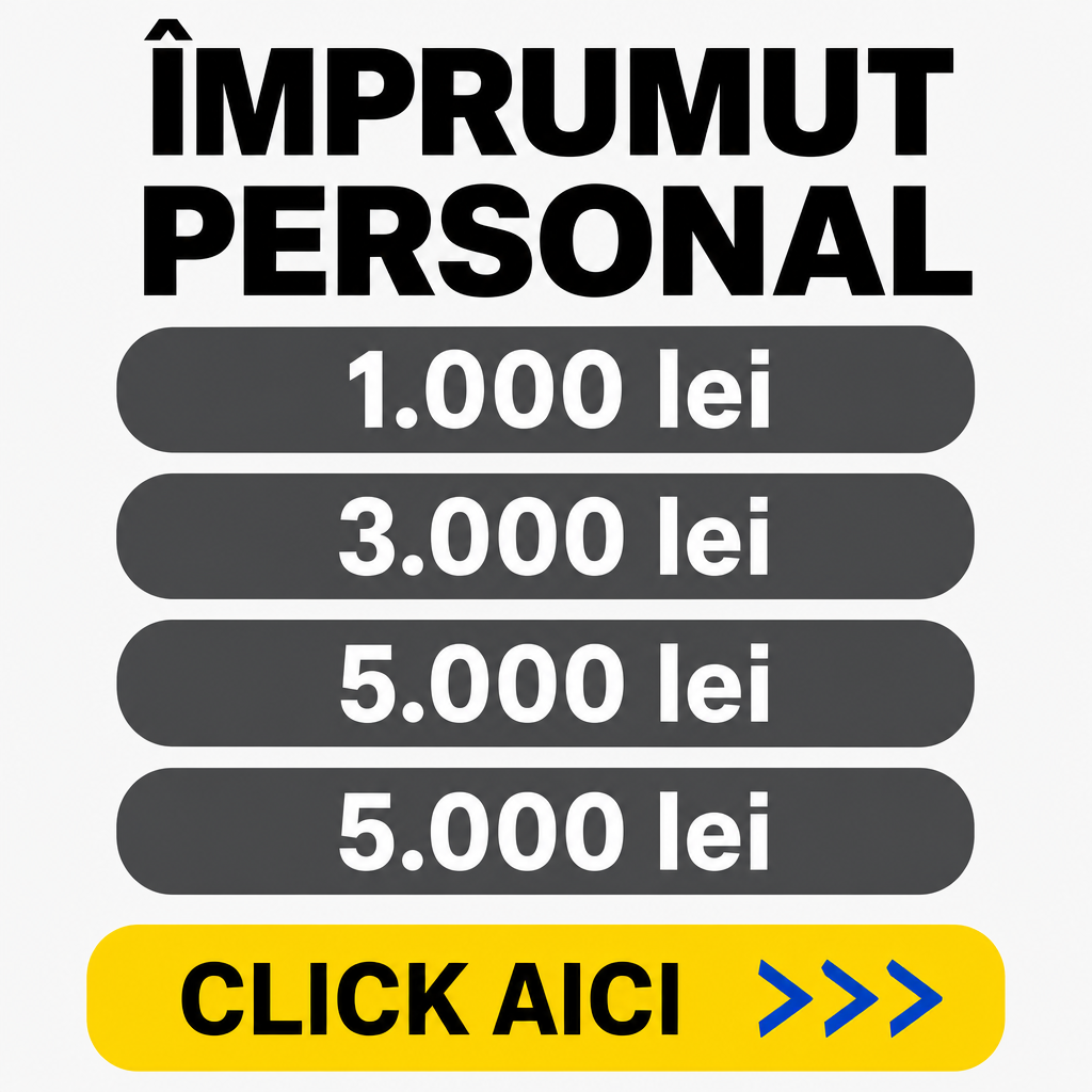 Crie um anúncio financeiro quadrado de 500 × 500 px, extremamente minimalista, reproduzindo fielmente um criativo de empréstimo pessoal.  Use fundo cinza muito claro, quase branco, completamente uniforme.  No topo, centralize o título em duas linhas:  “ÎMPRUMUT” “PERSONAL”  Use fonte sans-serif preta, muito pesada, bold, em letras maiúsculas e tamanho grande.  Abaixo do título, criar exatamente quatro barras horizontais em formato de cápsula, largas e com cantos completamente arredondados. As barras devem possuir fundo cinza-escuro/grafite e não devem ter bordas.  Dentro das quatro barras, centralizar respectivamente os seguintes textos brancos:  “1.000 lei” “3.000 lei” “5.000 lei” “5.000 lei”  Os valores devem ser grandes, brancos e perfeitamente centralizados.  Na parte inferior, criar um botão amarelo vivo em formato de cápsula, aproximadamente 75% da largura da imagem. Dentro dele, centralizar:  “CLICK AICI”  em preto, grande e sans-serif.  No lado direito do botão, adicionar três grandes símbolos de seta/chevron azul apontando para a direita.  Manter muito espaço negativo, composição vertical simples, alinhamento perfeitamente centralizado, alto contraste e nenhum elemento adicional. Reproduzir fielmente as proporções, espaçamentos e hierarquia do layout.