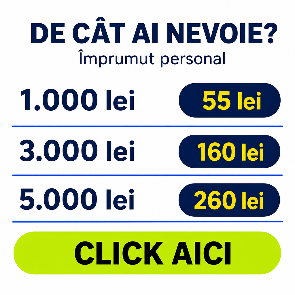 Crie um criativo financeiro quadrado de 500 × 500 px, com fundo branco limpo e estética minimalista.  No topo, centralize:  “DE CÂT AI NEVOIE?”  em fonte sans-serif bold, azul-marinho escuro e grande.  Logo abaixo, centralize:  “Împrumut personal”  em azul-marinho/cinza escuro, tamanho menor e peso regular.  Criar três linhas financeiras horizontais.  Primeira linha: à esquerda colocar “1.000 lei” em azul-marinho grande. À direita colocar “55 lei” dentro de uma cápsula azul-marinho escura com texto amarelo.  Segunda linha: “3.000 lei” à esquerda e “160 lei” dentro de cápsula azul-marinho com texto amarelo à direita.  Terceira linha: “5.000 lei” à esquerda e “260 lei” dentro de cápsula azul-marinho com texto amarelo à direita.  Abaixo de cada linha financeira, adicionar uma linha horizontal fina em azul vivo, atravessando quase toda a largura.  Na parte inferior, adicionar um grande botão em formato de cápsula, amarelo-esverdeado/lima muito vibrante, ocupando aproximadamente 90% da largura. Dentro dele escrever:  “CLICK AICI”  em preto, grande, bold e centralizado.  Manter muito espaço branco, linhas horizontais azuis, cápsulas azul-marinho com valores amarelos e botão lima. Não adicionar imagens, ícones, fotografias ou informações extras.