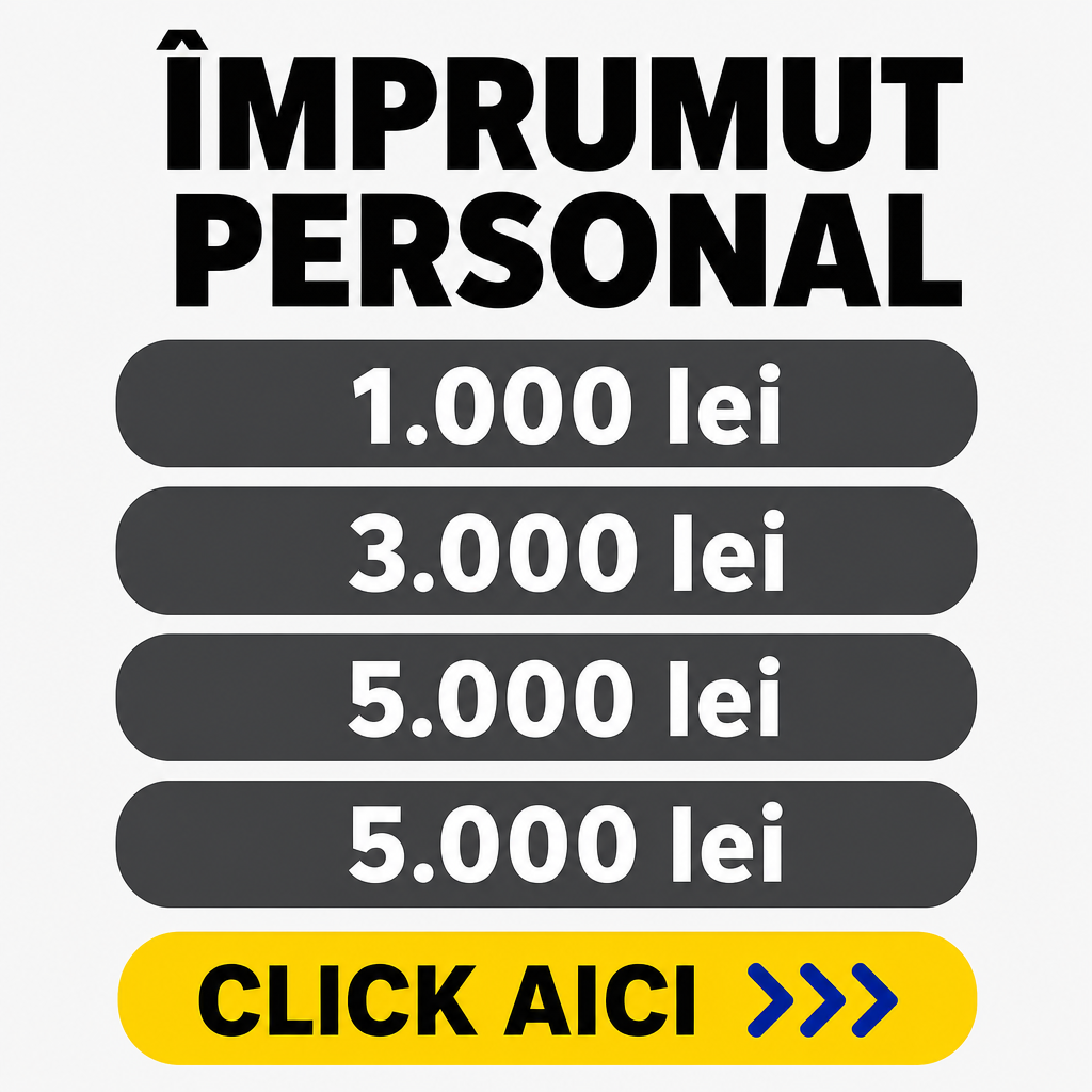 Crie um anúncio financeiro quadrado de 500 × 500 px, extremamente minimalista, reproduzindo fielmente um criativo de empréstimo pessoal.  Use fundo cinza muito claro, quase branco, completamente uniforme.  No topo, centralize o título em duas linhas:  “ÎMPRUMUT” “PERSONAL”  Use fonte sans-serif preta, muito pesada, bold, em letras maiúsculas e tamanho grande.  Abaixo do título, criar exatamente quatro barras horizontais em formato de cápsula, largas e com cantos completamente arredondados. As barras devem possuir fundo cinza-escuro/grafite e não devem ter bordas.  Dentro das quatro barras, centralizar respectivamente os seguintes textos brancos:  “1.000 lei” “3.000 lei” “5.000 lei” “5.000 lei”  Os valores devem ser grandes, brancos e perfeitamente centralizados.  Na parte inferior, criar um botão amarelo vivo em formato de cápsula, aproximadamente 75% da largura da imagem. Dentro dele, centralizar:  “CLICK AICI”  em preto, grande e sans-serif.  No lado direito do botão, adicionar três grandes símbolos de seta/chevron azul apontando para a direita.  Manter muito espaço negativo, composição vertical simples, alinhamento perfeitamente centralizado, alto contraste e nenhum elemento adicional. Reproduzir fielmente as proporções, espaçamentos e hierarquia do layout.