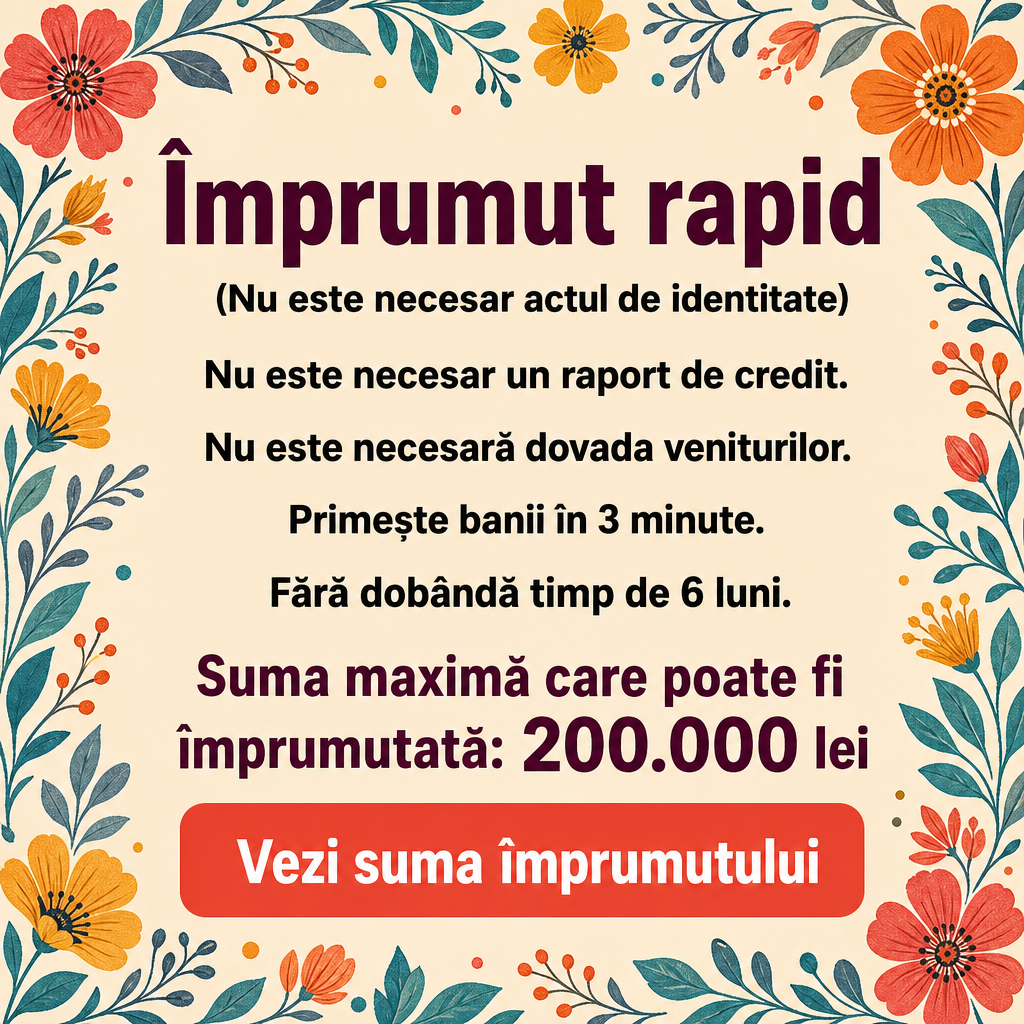 Crie um anúncio publicitário quadrado de empréstimo/crédito no formato 1:1, aproximadamente 600 × 600 px, reproduzindo com máxima fidelidade a composição visual da referência.  Use um fundo uniforme bege-pêssego claro, suave e acolhedor, ocupando toda a imagem.  Ao redor das quatro bordas, criar uma moldura floral botânica ilustrada, em estilo flat, artesanal, vintage e levemente desenhado à mão. As flores e folhas devem aparecer parcialmente cortadas pelas extremidades da imagem, como se o padrão floral continuasse para fora do quadro. Usar flores grandes e pequenas, folhas, ramos e pequenos pontos decorativos. A paleta floral deve combinar coral/vermelho, laranja, amarelo/mostarda, azul-petróleo, azul acinzentado e verde-azulado. Não colocar flores no centro do anúncio; manter a região central limpa para preservar a legibilidade.  No topo central, inserir um grande título em vinho/roxo escuro, usando uma fonte sans-serif moderna, pesada, arredondada e limpa:  “Împrumut rapid”  O título deve ser o maior elemento tipográfico da composição, centralizado horizontalmente, ocupando aproximadamente 70–75% da largura útil.  Logo abaixo do título, inserir em preto, sans-serif semibold, tamanho menor:  “(Nu este necesar actul de identitate)”  Abaixo, criar um bloco vertical de quatro frases, todas centralizadas, pretas, em sans-serif semibold, com tamanhos iguais e espaçamento vertical uniforme:  “Nu este necesar un raport de credit.”  “Nu este necesară dovada veniturilor.”  “Primește banii în 3 minute.”  “Fără dobândă timp de 6 luni.”  Não adicionar bullets, ícones ou números extras. Manter exatamente quatro linhas de benefício.  Abaixo dos benefícios, inserir um bloco de destaque em vinho/roxo escuro, maior que o texto dos benefícios e menor que o título, em duas linhas, centralizado:  “Suma maximă care poate fi împrumutată: 200.000 lei”  O valor 200.000 lei deve estar claramente legível e visualmente destacado dentro da frase. Utilizar lei/RON, nunca R$, €, $, dólares ou qualquer outra moeda.  Na parte inferior central, inserir um grande botão CTA horizontal, com aproximadamente 55–60% da largura da imagem. O botão deve ter fundo coral/vermelho-alaranjado, formato retangular com cantos bastante arredondados e sem borda. Dentro do botão, centralizar em branco, usando fonte sans-serif grande e pesada:  “Vezi suma împrumutului”  Manter o botão próximo à parte inferior, com uma margem inferior confortável.  Preservar rigorosamente a hierarquia visual: título grande vinho no topo → subtítulo preto → quatro benefícios pretos → informação do valor máximo em vinho → botão CTA coral.  Preservar rigorosamente o layout: composição centralizada, amplo espaço negativo no centro, decoração floral restrita às bordas, proporções semelhantes entre os elementos, mesmos intervalos verticais e mesma distribuição geral da referência.  Todo o texto deve estar em romeno correto, perfeitamente legível, com acentuação romena correta. Não utilizar o idioma original da referência. Substituir todo o texto original por texto em romeno. Usar corretamente os caracteres ă, â, î, ș e ț. Não inventar palavras, textos, valores ou informações adicionais.  O valor monetário deve aparecer exclusivamente em lei/RON. Não utilizar a moeda da imagem original.  Estética geral: anúncio financeiro amigável, limpo, colorido, moderno com inspiração artesanal/vintage, alto contraste e excelente legibilidade.  Preserve a composição e o layout da referência com máxima fidelidade. Não reinterpretar o design nem criar uma nova composição. Alterar somente o idioma para romeno e adaptar os valores monetários para lei/RON. Não adicionar logotipos, selos, fotografias, ícones, pessoas, gráficos ou textos que não foram solicitados.