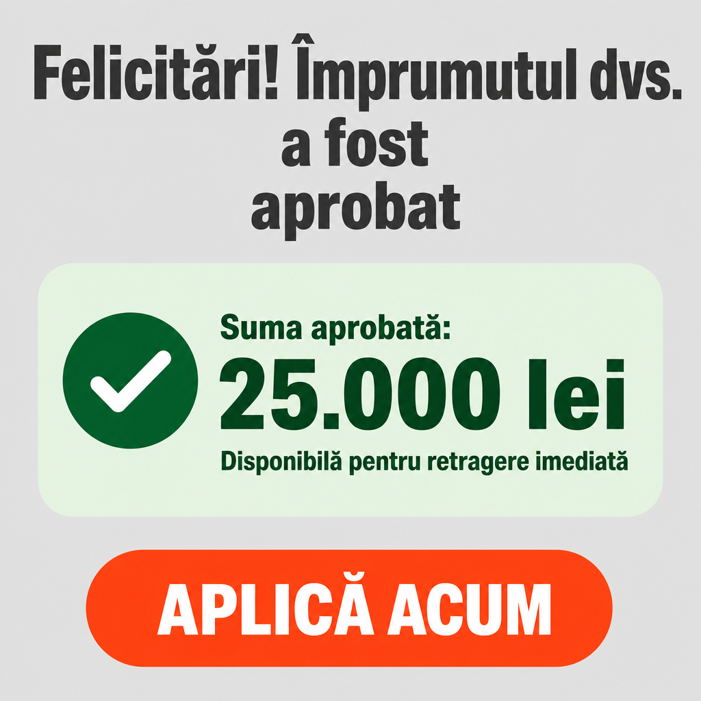 Crie um criativo publicitário financeiro quadrado, proporção 1:1, aproximadamente 1000 × 1000 px, reproduzindo com máxima fidelidade o layout da imagem de referência.  O design deve ser minimalista, limpo e centralizado, com fundo completamente sólido em cinza-claro neutro, sem textura, sem gradiente, sem fotografia e sem elementos decorativos.  PARTE SUPERIOR — HEADLINE  Na parte superior central da imagem, criar um grande headline em três linhas, usando uma fonte sans-serif moderna, extremamente bold, pesada e limpa, na cor cinza-escuro:  “Felicitări! Împrumutul dvs. a fost aprobat”  Manter o texto centralizado horizontalmente. A primeira linha deve ser a mais larga e visualmente dominante. As linhas seguintes devem permanecer grandes, pesadas e centralizadas. Usar espaçamento vertical compacto, reproduzindo a estrutura da referência.  CARTÃO CENTRAL DE APROVAÇÃO  Abaixo do headline, centralizar um grande cartão horizontal ocupando aproximadamente 75–76% da largura da imagem.  O cartão deve ter:  fundo verde-menta muito claro; formato retangular horizontal; cantos grandes e suavemente arredondados; nenhuma borda visível; nenhuma sombra forte; aparência limpa e moderna.  Dentro do cartão, no lado esquerdo, colocar um círculo verde-esmeralda escuro contendo um símbolo de check branco no centro.  À direita do check, inserir o seguinte conteúdo alinhado à esquerda:  “Suma aprobată:”  Embaixo, em tamanho muito maior:  “25.000 lei”  Embaixo do valor:  “Disponibilă pentru retragere imediată”  O texto do cartão deve utilizar verde escuro, com o título “Suma aprobată:” em bold, o valor “25.000 lei” em fonte muito grande e pesada, e a frase inferior em peso regular/medium.  O valor deve ser o principal elemento visual do cartão. Utilizar exclusivamente lei/RON, nunca dólares, euros, reais ou qualquer outra moeda.  BOTÃO INFERIOR  Abaixo do cartão, deixar um espaço vertical claramente visível e então criar um grande botão CTA horizontal centralizado.  O botão deve ocupar aproximadamente 68–70% da largura da imagem, com altura proporcional à referência.  Usar:  fundo laranja vivo/coral, aproximadamente #FF5B2A; formato de cápsula com cantos extremamente arredondados; nenhum contorno; nenhuma sombra pesada.  Dentro do botão, colocar exatamente:  “APLICĂ ACUM”  O texto deve ser branco, sans-serif, extremamente bold, em letras maiúsculas e grande, perfeitamente centralizado horizontal e verticalmente.  COMPOSIÇÃO  Preservar a estrutura vertical da referência:  headline grande → espaço → cartão verde de aprovação → espaço → botão CTA laranja.  Não adicionar fotografias, pessoas, moedas ilustradas, gráficos, logotipos, selos, ícones adicionais, brilhos ou elementos decorativos.  Manter grandes áreas de espaço negativo e reproduzir as proporções relativas entre headline, cartão e botão.  Todo o texto deve estar em romeno correto, perfeitamente legível, com acentuação romena correta. Não utilizar o idioma original da referência. Substituir todo o texto original por texto em romeno. Usar corretamente os caracteres ă, â, î, ș e ț. Não inventar palavras, textos, valores ou informações adicionais.  O valor monetário deve aparecer exclusivamente em lei/RON: “25.000 lei”. Não utilizar o símbolo “$” nem a moeda original da referência.  Preserve a composição e o layout da referência com máxima fidelidade. Não reinterpretar o design nem criar uma nova composição. Alterar somente o idioma para romeno e adaptar o valor monetário para lei/RON.