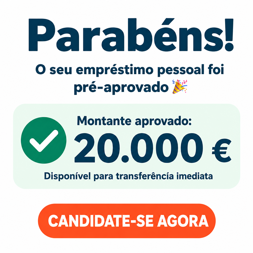 Criar um criativo publicitário de crédito pessoal para o mercado de Portugal, em formato quadrado 1:1, 1000 × 1000 px, reproduzindo com máxima fidelidade a composição, proporções e hierarquia visual da imagem de referência.  Utilizar um fundo branco, completamente limpo e minimalista, sem fotografia, sem pessoas, sem cenário, sem textura e sem elementos decorativos adicionais.  Na parte superior da composição, centralizar uma headline muito grande:  “Parabéns!”  Utilizar uma fonte sans-serif extremamente pesada/bold, moderna, limpa e arredondada, em azul-petróleo escuro. O texto deve ser o maior elemento tipográfico da composição e ocupar aproximadamente 85–90% da largura disponível, mantendo margens laterais equilibradas.  Abaixo da headline, com espaçamento vertical moderado, colocar a mensagem em duas linhas:  “O seu empréstimo pessoal foi” “pré-aprovado 🎉”  Centralizar ambas as linhas. Utilizar a mesma família tipográfica sans-serif, em bold, azul-petróleo escuro. O tamanho deve ser aproximadamente 55–60% do tamanho da headline. Manter o emoji de celebração no final da segunda linha.  No centro da imagem, criar um grande cartão horizontal com cantos muito arredondados, ocupando aproximadamente 86% da largura total. O cartão deve ter fundo verde-menta extremamente claro, quase branco, sem borda e com sombra mínima ou inexistente.  No interior do cartão, posicionar no lado esquerdo um círculo verde-azulado escuro contendo um símbolo de confirmação/check branco, grosso e claramente visível.  À direita do círculo, colocar:  “Montante aprovado:”  em sans-serif bold/semi-bold, azul-petróleo escuro, tamanho médio.  Abaixo dessa informação, destacar enormemente o valor:  “20.000 €”  O valor deve ser o principal elemento visual do cartão, em fonte sans-serif extremamente bold, azul-petróleo escuro, grande, com excelente legibilidade.  Abaixo do valor, centralizar:  “Disponível para transferência imediata”  em sans-serif, azul-petróleo escuro, tamanho médio, com peso regular/semi-bold.  Na parte inferior da imagem, depois de uma área significativa de espaço branco, colocar um botão CTA grande e horizontal, centralizado.  O botão deve ser laranja/coral vibrante, sem borda, com formato de cápsula/pill e cantos completamente arredondados. O botão deve ocupar aproximadamente 58% da largura da imagem.  Dentro do botão, escrever exatamente:  “CANDIDATE-SE AGORA”  em letras maiúsculas, branco, sans-serif extremamente bold, grande e perfeitamente centralizado.  Manter uma distância vertical clara entre o cartão e o CTA.  Não adicionar logótipos, fotografias, pessoas, moedas, notas, ícones adicionais, caixas extras, gráficos, sombras fortes ou quaisquer outros elementos que não façam parte da composição especificada.  A estética final deve ser limpa, moderna, minimalista, profissional e altamente legível, com forte contraste entre o azul-petróleo, o branco, o verde-menta e o CTA laranja.  Todo o texto deve estar em português de Portugal (PT-PT), perfeitamente legível, corretamente escrito e com acentuação portuguesa correta. Não utilizar o idioma original da referência nem português do Brasil. Substituir todo o texto original por texto natural em português de Portugal.  Utilizar exclusivamente euros (€) para valores monetários. Apresentar o valor como “20.000 €”, utilizando a convenção natural de Portugal.  Preserve a composição e o layout da referência com máxima fidelidade. Não reinterpretar o design nem criar uma nova composição. Manter as proporções, posições, cores, espaçamentos e hierarquia visual da referência. Alterar o conteúdo textual para português de Portugal e adaptar todos os valores monetários para euros (€).  Garantir que os textos aparecem exatamente conforme especificados, sem erros ortográficos, caracteres deformados, palavras inventadas ou texto adicional.
