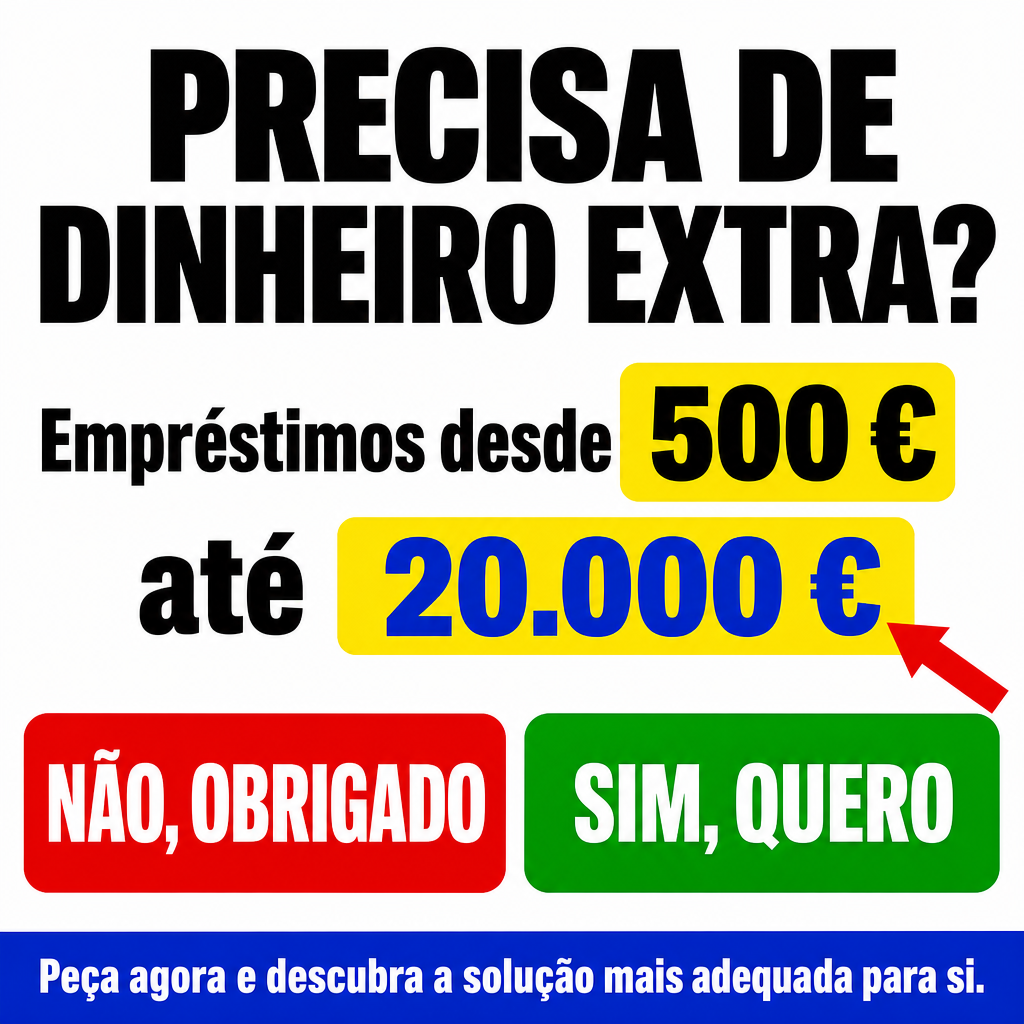 Criar um criativo publicitário de empréstimo pessoal direcionado ao público de Portugal, em formato quadrado 1:1, aproximadamente 1280 × 1280 px, reproduzindo a composição da referência com máxima fidelidade.  Utilizar um fundo branco puro, completamente limpo, sem fotografias, pessoas, ilustrações, textura ou cenário.  Na parte superior, criar uma headline centralizada em duas linhas:  “PRECISA DE” “DINHEIRO EXTRA?”  Utilizar letras maiúsculas, fonte sans-serif extremamente pesada e bold, preta, semelhante a Arial Black, Helvetica Black ou fonte equivalente. O texto deve ser muito grande e ocupar aproximadamente 85–90% da largura disponível. Manter espaçamento vertical compacto entre as duas linhas.  No centro da imagem, reproduzir a estrutura tipográfica da referência com duas linhas de informação financeira.  Na primeira linha, colocar à esquerda:  “Empréstimos desde”  em preto, sans-serif extremamente bold e grande.  Imediatamente à direita, colocar uma caixa horizontal amarela viva, com cantos fortemente arredondados, contendo:  “500 €”  em preto, fonte sans-serif extremamente pesada, grande e perfeitamente legível.  Na segunda linha, colocar à esquerda:  “até”  em preto, muito grande e extremamente bold.  À direita, colocar uma segunda caixa amarela, também com cantos fortemente arredondados, ligeiramente mais larga que a primeira, contendo:  “20.000 €”  em azul forte, fonte sans-serif extremamente pesada e grande.  Manter as caixas amarelas, os textos e os espaços entre os elementos nas mesmas posições relativas da referência. A caixa de 20.000 € deve ficar ligeiramente abaixo e deslocada para a direita em relação à caixa de 500 €.  Adicionar uma seta vermelha grossa na região inferior direita da caixa de 20.000 €, apontando diagonalmente para o valor 20.000 €. A seta deve ter aparência gráfica simples, com ponta triangular bem definida.  Abaixo desses valores, criar dois grandes botões horizontais lado a lado.  Botão esquerdo:  “NÃO, OBRIGADO”  Fundo vermelho vivo, cantos fortemente arredondados, texto branco, letras maiúsculas, fonte sans-serif extremamente bold.  Botão direito:  “SIM, QUERO”  Fundo verde vivo, cantos fortemente arredondados, texto branco, letras maiúsculas, fonte sans-serif extremamente bold.  Os dois botões devem possuir dimensões semelhantes, aproximadamente 44% da largura cada, separados por um pequeno espaço branco. O texto deve estar perfeitamente centralizado.  Na extremidade inferior, criar uma barra horizontal azul forte, ocupando 100% da largura da imagem e aproximadamente 12–13% da altura total.  Dentro dessa barra, centralizar em branco o texto:  “Peça agora e descubra a solução mais adequada para si.”  Utilizar sans-serif bold, branca, grande e perfeitamente legível.  Manter grande contraste, estética de publicidade digital direta, tipografia pesada, composição limpa e aparência visual semelhante à referência.  Todo o texto deve estar em português de Portugal (PT-PT), perfeitamente legível, corretamente escrito e com acentuação portuguesa correta. Não utilizar o idioma original da referência nem português do Brasil. Substituir todo o texto original por texto natural em português de Portugal.  Utilizar exclusivamente euros (€) para todos os valores monetários. Apresentar os valores como “500 €” e “20.000 €”, seguindo a apresentação monetária natural para Portugal.  Não adicionar logótipos, fotografias, pessoas, cartões, moedas, notas, ícones, textos secundários ou elementos decorativos que não estejam especificados.  Preserve a composição e o layout da referência com máxima fidelidade. Não reinterpretar o design nem criar uma nova composição. Manter as proporções, posições, cores, espaçamentos e hierarquia visual da referência. Alterar o conteúdo textual para português de Portugal e adaptar todos os valores monetários para euros (€).  Garantir que todos os textos aparecem exatamente como especificados, sem erros ortográficos, caracteres deformados, palavras inventadas ou texto adicional.