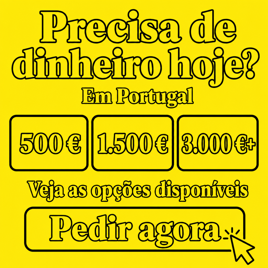 Criar um criativo publicitário quadrado para crédito/empréstimo pessoal destinado ao público de Portugal, proporção 1:1, aproximadamente 640 × 640 px, reproduzindo com máxima fidelidade a composição visual da referência.  Utilizar um fundo amarelo vivo e intenso, uniforme, preenchendo toda a imagem. Não utilizar fotografias, pessoas, cenários, gradientes, sombras realistas ou texturas.  Toda a estética deve ser construída exclusivamente através de amarelo e preto, criando um visual gráfico, ousado, simples e de alto contraste.  Na parte superior, colocar uma headline grande, centralizada e dividida em duas linhas:  “Precisa de” “dinheiro hoje?”  Utilizar uma fonte serifada display, pesada e decorativa, semelhante a uma fonte editorial vintage, com interior amarelo igual ao fundo e contorno preto grosso. Criar um efeito de tipografia outline/vazada. A headline deve ocupar aproximadamente 85–90% da largura e cerca de 27% da altura total da imagem.  Logo abaixo, centralizar o subtítulo:  “Em Portugal”  Utilizar a mesma família tipográfica serifada, com interior amarelo e contorno preto, mas em tamanho significativamente menor que a headline.  Na região central, criar três cartões retangulares lado a lado, perfeitamente alinhados horizontalmente.  Cada cartão deve ter:  fundo amarelo igual ao fundo geral; contorno preto grosso; cantos arredondados; proporções semelhantes; pequeno espaçamento entre os cartões; conteúdo perfeitamente centralizado.  No primeiro cartão colocar:  “500 €”  No segundo:  “1.500 €”  No terceiro:  “3.000 €+”  Os valores devem utilizar fonte serifada display muito pesada, com interior amarelo e contorno preto. Os valores devem ser grandes e ocupar a maior parte de cada cartão.  Não duplicar os valores em uma segunda linha. A referência contém números repetidos dentro dos cartões, mas corrigir essa inconsistência e apresentar cada montante uma única vez, de forma limpa e profissional.  Abaixo dos três cartões, centralizar o texto:  “Veja as opções disponíveis”  Utilizar a mesma tipografia serifada display, grande, pesada, com interior amarelo e contorno preto grosso.  Na parte inferior, criar um grande botão horizontal com aproximadamente 78% da largura da imagem.  O botão deve ter:  fundo amarelo; contorno preto grosso; cantos arredondados; aparência plana; nenhuma sombra; posicionamento perfeitamente centralizado.  Dentro do botão escrever exatamente:  “Pedir agora”  Utilizar fonte serifada display grande e pesada, com interior amarelo e contorno preto, perfeitamente centralizada.  No canto inferior direito do botão, adicionar um cursor de computador estilizado, inclinado diagonalmente, com contorno preto e preenchimento amarelo. Posicionar parcialmente o cursor sobre o botão, exatamente como um indicador de clique. Adicionar apenas alguns pequenos traços pretos ao redor da ponta do cursor para sugerir interação/clique.  Manter a distribuição vertical da referência: headline no topo, subtítulo logo abaixo, três cartões no centro, texto explicativo abaixo dos cartões e CTA na parte inferior.  Preservar margens, proporções, espaçamentos, tamanhos relativos e alinhamentos da referência.  Todo o texto deve estar em português de Portugal (PT-PT), perfeitamente legível, corretamente escrito e com acentuação portuguesa correta. Não utilizar português do Brasil nem qualquer outro idioma.  Utilizar exclusivamente euros (€) para todos os valores monetários. Apresentar os valores como “500 €”, “1.500 €” e “3.000 €+”.  Não adicionar logótipos, fotografias, pessoas, moedas, notas, elementos 3D, ícones adicionais ou textos não especificados.  Preserve a composição e o layout da referência com máxima fidelidade. Não reinterpretar o design nem criar uma nova composição. Manter as proporções, posições, cores, espaçamentos e hierarquia visual da referência. Adaptar todo o conteúdo para português de Portugal e utilizar euros (€).  Garantir que todos os textos aparecem exatamente como especificados, sem erros ortográficos, letras deformadas, caracteres aleatórios ou texto adicional.