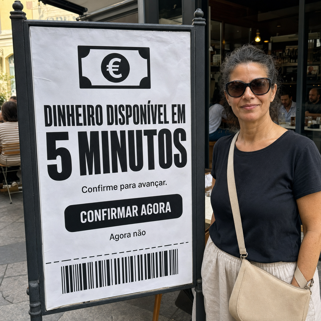 Criar uma fotografia publicitária realista, vertical/quadrada, proporção 1:1, com aparência de fotografia espontânea captada na rua, reproduzindo com máxima fidelidade a composição da imagem de referência.  A cena acontece na entrada de um café ou pequeno restaurante em Portugal, durante o dia. Mostrar o exterior iluminado por luz natural e, através das portas/janelas de vidro, um interior de estabelecimento mais escuro e acolhedor, com algumas pessoas desfocadas ao fundo, mesas, balcão e pequenos elementos de um café/restaurante.  No centro-esquerdo da imagem, colocar um grande cartaz publicitário físico vertical, preso a uma estrutura metálica escura. O cartaz deve ser feito de papel branco ligeiramente amassado e apresentar pequenas ondulações naturais, como uma folha impressa colocada num suporte de rua.  Na parte superior do cartaz, colocar um ícone preto simples de uma nota de dinheiro estilizada com o símbolo €, centralizado.  Abaixo do ícone, colocar uma headline muito grande, preta, em letras maiúsculas:  “DINHEIRO DISPONÍVEL EM” “5 MINUTOS”  Utilizar fonte sans-serif extremamente pesada e condensada, semelhante a Impact, Anton ou outra fonte equivalente. O texto deve ser preto, centralizado e ocupar a maior parte da largura útil do cartaz. Dar especial destaque visual ao número “5”.  Abaixo da headline, colocar:  “Confirme para avançar.”  em fonte sans-serif preta, menor, centralizada.  Logo abaixo, criar um botão horizontal preto/cinza muito escuro, com cantos arredondados, ocupando aproximadamente 70–75% da largura do cartaz.  Dentro do botão escrever exatamente:  “CONFIRMAR AGORA”  em letras maiúsculas, brancas, sans-serif bold/condensadas, perfeitamente centralizadas.  Abaixo do botão escrever:  “Agora não”  em preto, fonte sans-serif menor e centralizada.  Na parte inferior do cartaz, adicionar uma linha horizontal tracejada preta e, abaixo dela, um código de barras preto horizontal, com barras de diferentes espessuras e aparência gráfica realista. O código de barras deve ser puramente decorativo, sem números legíveis adicionais.  No lado direito da composição, mostrar uma mulher adulta em pé, com aparência natural e cotidiana, cabelo escuro preso para trás com algumas mechas grisalhas, óculos de sol grandes de armação escura, camisola preta de manga curta, roupa inferior bege clara e uma bolsa bege a tiracolo atravessada diagonalmente pelo corpo.  A mulher deve olhar para a câmara com uma expressão tranquila e ligeiramente sorridente. Manter uma pose casual e natural, posicionada ao lado do cartaz, sem parecer uma modelo de estúdio.  A mulher e o cartaz devem estar em primeiro plano e bem focados, enquanto as pessoas e objetos dentro do café/restaurante ficam ligeiramente desfocados pela profundidade de campo natural.  Utilizar luz solar natural, contraste entre o exterior claro e o interior mais escuro, sombras fotográficas naturais e cores realistas. A imagem deve parecer uma fotografia autêntica captada num estabelecimento comercial português, e não uma ilustração ou render 3D.  Preservar a composição: cartaz grande no centro-esquerdo + mulher no lado direito + estabelecimento ao fundo, mantendo aproximadamente as mesmas proporções, distância da câmara, escala do cartaz, enquadramento e distribuição espacial da referência.  Todo o texto deve estar em português de Portugal (PT-PT), perfeitamente legível, corretamente escrito e com acentuação portuguesa correta. Não utilizar português do Brasil nem qualquer outro idioma.  O cartaz deve apresentar exatamente estes textos:  DINHEIRO DISPONÍVEL EM 5 MINUTOS Confirme para avançar. CONFIRMAR AGORA Agora não  Não adicionar textos, logótipos, marcas ou elementos gráficos que não tenham sido especificados.  Preserve a composição e o layout da referência com máxima fidelidade. Não reinterpretar o design nem criar uma nova composição. Manter as proporções, posições, cores, espaçamentos, hierarquia visual, aparência fotográfica e distribuição dos elementos da referência. Adaptar apenas o conteúdo textual para português de Portugal quando necessário.