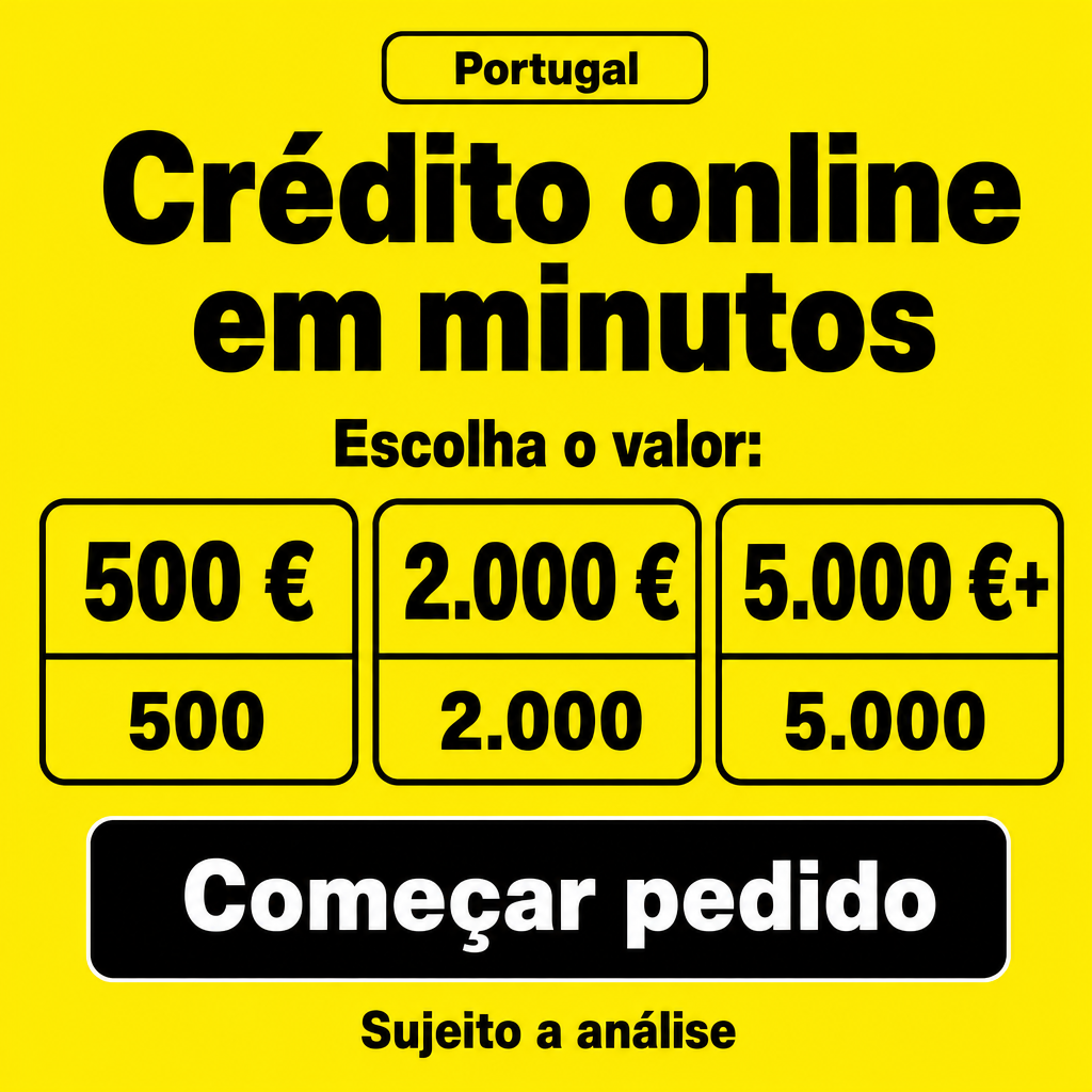 Criar um criativo publicitário de crédito online direcionado ao público de Portugal, em formato quadrado 1:1, aproximadamente 640 × 640 px, reproduzindo com máxima fidelidade a composição visual da referência.  Utilizar um fundo amarelo vivo, intenso e uniforme, preenchendo toda a imagem. Não utilizar fotografias, pessoas, cenários, gradientes, texturas ou sombras.  No topo, criar uma pequena etiqueta horizontal com cantos arredondados, fundo amarelo igual ao fundo geral e contorno preto fino. Dentro da etiqueta escrever exatamente:  “Portugal”  Utilizar sans-serif bold, preta, pequena e perfeitamente centralizada.  Logo abaixo, colocar a headline principal em duas linhas:  “Crédito online” “em minutos”  Utilizar uma fonte sans-serif extremamente pesada e bold, semelhante a Arial Black, Helvetica Black ou Roboto Black. Texto preto, grande, centralizado, com espaçamento vertical compacto. A headline deve ocupar aproximadamente 85–90% da largura disponível.  Abaixo da headline, adicionar:  “Escolha o valor:”  em sans-serif bold preta, tamanho médio/grande e perfeitamente centralizada.  Abaixo do subtítulo, criar três cartões retangulares lado a lado, perfeitamente alinhados horizontalmente.  Cada cartão deve possuir:  fundo amarelo igual ao fundo; contorno preto grosso; cantos arredondados; dimensões semelhantes; pequeno espaço entre os cartões; uma linha horizontal preta dividindo o conteúdo superior e inferior.  Primeiro cartão:  “500 €”  na parte superior, em fonte sans-serif extremamente bold, preta e muito grande.  Abaixo da linha horizontal:  “500”  em preto, bold e ligeiramente menor.  Segundo cartão:  “2.000 €”  na parte superior.  Abaixo da linha horizontal:  “2.000”  Terceiro cartão:  “5.000 €+”  na parte superior.  Abaixo da linha horizontal:  “5.000”  Manter todos os valores centralizados dentro dos cartões e preservar as mesmas proporções, escalas e espaçamentos da referência.  Abaixo dos três cartões, criar um grande botão CTA horizontal centralizado, ocupando aproximadamente 68–70% da largura da imagem.  O botão deve possuir:  fundo preto; cantos fortemente arredondados; contorno branco fino; aparência plana; nenhum efeito 3D.  Dentro do botão escrever exatamente:  “Começar pedido”  em fonte sans-serif muito bold, branca, grande e perfeitamente centralizada.  Abaixo do botão, centralizar:  “Sujeito a análise”  em sans-serif bold preta, tamanho médio.  Manter a composição vertical exatamente nesta ordem:  etiqueta Portugal → headline → subtítulo → três cartões → CTA → texto inferior.  Preservar as margens reduzidas, o forte contraste amarelo/preto, a simetria, a escala dos textos e a distribuição dos espaços em branco da referência.  Todo o texto deve estar em português de Portugal (PT-PT), perfeitamente legível, corretamente escrito e com acentuação portuguesa correta. Não utilizar o idioma original da referência nem português do Brasil.  Utilizar exclusivamente euros (€) para os valores monetários. Apresentar os montantes como “500 €”, “2.000 €” e “5.000 €+”.  Não adicionar fotografias, pessoas, logótipos, ícones, moedas, notas, ilustrações, sombras, textos secundários ou quaisquer elementos que não estejam especificados.  Preserve a composição e o layout da referência com máxima fidelidade. Não reinterpretar o design nem criar uma nova composição. Manter as proporções, posições, cores, espaçamentos e hierarquia visual da referência. Alterar ou ajustar o conteúdo textual para português de Portugal e adaptar todos os valores monetários para euros (€).  Garantir que todos os textos aparecem exatamente como especificados, sem erros ortográficos, caracteres deformados, palavras inventadas ou texto adicional.