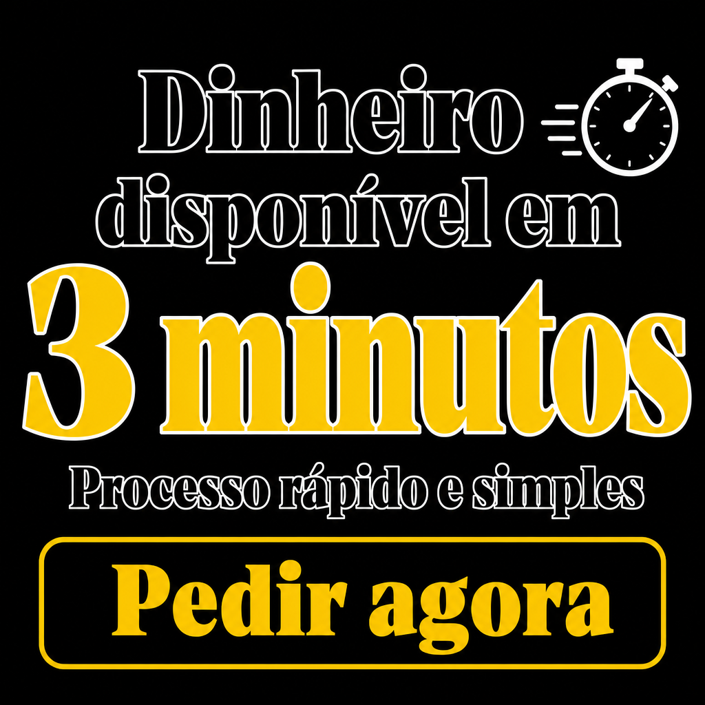 Criar um criativo publicitário quadrado, proporção 1:1, aproximadamente 640 × 640 px, destinado ao público de Portugal, reproduzindo com máxima fidelidade a composição, estética e hierarquia visual da referência.  Criar um design gráfico minimalista, tipográfico e de alto contraste, sem fotografias, pessoas ou cenários.  Utilizar fundo preto sólido, completamente uniforme, sem gradientes, texturas ou sombras.  Utilizar exclusivamente uma paleta de preto, branco e amarelo/dourado.  Na região superior central colocar a palavra:  “Dinheiro”  em uma fonte serifada display muito pesada, clássica e elegante, semelhante a uma fonte de cartaz vintage/editorial. As letras devem ter aparência de outline branco, com o interior muito próximo do preto do fundo.  Logo abaixo colocar:  “disponível em”  utilizando a mesma fonte serifada, pesada, branca com efeito de contorno, centralizada e ocupando grande parte da largura.  Abaixo dessas duas linhas, criar o principal destaque da composição:  “3 minutos”  em tamanho extremamente grande, ocupando praticamente toda a largura disponível.  O texto “3 minutos” deve utilizar uma fonte serifada display extremamente pesada. O interior das letras deve ser amarelo/dourado intenso, com contorno branco claramente visível ao redor de cada letra. O número “3” deve ser muito grande e ter forte impacto visual.  Manter “3 minutos” como o principal elemento visual da peça.  No canto superior direito, integrado à composição da headline, adicionar um ícone de cronómetro branco, desenhado em estilo vetorial linear:  círculo principal; ponteiro inclinado para cima/direita; pequeno botão na parte superior; pequeno acionador lateral; marcas simples no interior; linhas horizontais brancas à esquerda simulando movimento e velocidade.  O cronómetro deve parecer parte integrante do design, e não uma fotografia ou objeto 3D.  Abaixo de “3 minutos”, centralizar:  “Processo rápido e simples”  Utilizar uma fonte serifada menor, branca, com aparência outline semelhante à tipografia superior. O texto deve ficar perfeitamente centralizado.  Na parte inferior da imagem, criar um grande botão CTA horizontal, aproximadamente 75% da largura da composição, com:  fundo preto; contorno amarelo/dourado espesso; cantos arredondados; sem sombra; aparência plana e gráfica.  Dentro do botão escrever exatamente:  “Pedir agora”  Utilizar fonte serifada display grande, bold, amarela/dourada e perfeitamente centralizada.  Manter uma margem inferior adequada entre o botão e a extremidade da imagem.  A composição completa deve seguir esta estrutura vertical:  Dinheiro disponível em 3 minutos + cronómetro Processo rápido e simples Pedir agora  Manter exatamente a linguagem visual da referência: fundo preto, tipografia serifada pesada, contornos brancos, destaque amarelo/dourado, alto contraste e composição centralizada.  Todo o texto deve estar em português de Portugal (PT-PT), perfeitamente legível, corretamente escrito e com acentuação portuguesa correta. Não utilizar português do Brasil nem qualquer outro idioma.  Não adicionar valores monetários, logótipos, marcas, fotografias, pessoas, moedas, notas, ícones adicionais ou textos que não tenham sido especificados.  Preserve a composição e o layout da referência com máxima fidelidade. Não reinterpretar o design nem criar uma nova composição. Manter as proporções, posições, cores, espaçamentos, tamanhos relativos e hierarquia visual da referência.  Garantir que as palavras “Dinheiro”, “disponível em”, “3 minutos”, “Processo rápido e simples” e “Pedir agora” sejam reproduzidas exatamente, com ortografia e acentuação corretas e sem caracteres deformados ou texto adicional.  Nota de conformidade comercial: se utilizado como anúncio financeiro real, a afirmação de disponibilidade de dinheiro em “3 minutos” deve corresponder efetivamente às condições e ao processo do produto anunciado.