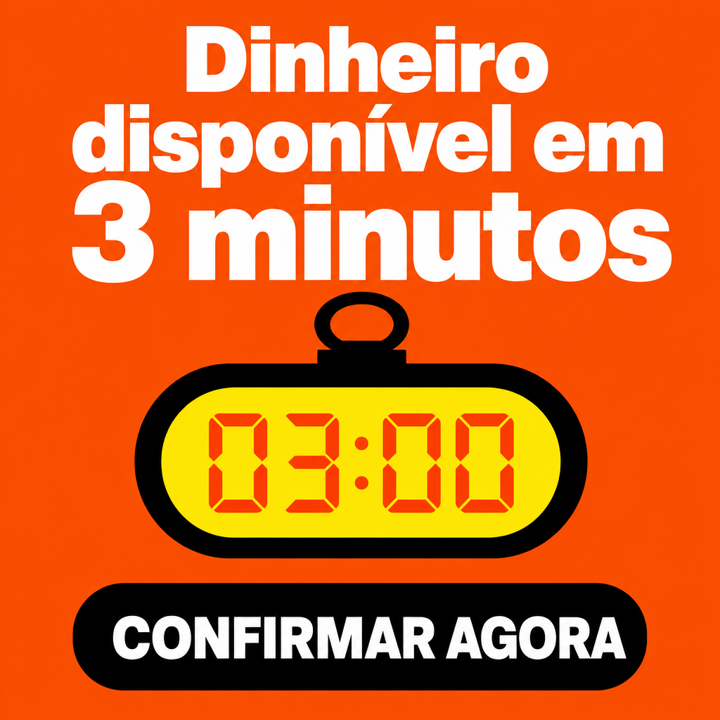 Criar um criativo publicitário quadrado, proporção 1:1, aproximadamente 640 × 640 px, destinado ao público de Portugal, reproduzindo com máxima fidelidade a composição visual da referência.  Criar uma peça gráfica minimalista, moderna, limpa e altamente tipográfica, sem fotografias, pessoas, cenários ou elementos realistas.  Utilizar um fundo laranja vivo, quente e uniforme, semelhante a laranja/tangerina. O fundo deve ser totalmente plano, sem textura, sem gradiente, sem padrões e sem sombras.  Na parte superior central, colocar uma headline dividida em três linhas:  “Dinheiro” “disponível em” “3 minutos”  Utilizar uma fonte sans-serif extremamente bold/Black, geométrica e moderna, semelhante a Helvetica Black, Arial Black ou Roboto Black.  Toda a headline deve ser branca, sem contorno e sem sombra.  A primeira linha, “Dinheiro”, deve ser grande e centralizada.  A segunda linha, “disponível em”, deve ser igualmente grande, ocupando quase toda a largura disponível.  A terceira linha, “3 minutos”, deve ser muito grande e ter forte impacto visual.  Manter espaçamento vertical compacto entre as três linhas, formando um bloco tipográfico único.  Logo abaixo da headline, no centro da imagem, colocar um cronómetro digital estilizado em design vetorial plano.  O cronómetro deve possuir:  corpo oval horizontal; contorno preto extremamente grosso; interior amarelo vivo; estrutura exterior preta; pequena pega/argola preta na parte superior; interior da pega na cor laranja do fundo; visor amarelo central; números digitais vermelho-alaranjados.  Dentro do visor escrever exatamente:  “03:00”  Os números devem possuir aparência de display digital segmentado, como um cronómetro eletrônico, perfeitamente legíveis e centralizados.  O corpo do cronómetro deve ser uma ilustração gráfica simples, plana e limpa, sem realismo fotográfico, sem reflexos e sem efeitos 3D.  Abaixo do cronómetro, criar um grande botão CTA horizontal em formato de cápsula, centralizado.  O botão deve possuir:  fundo preto sólido; formato horizontal; cantos completamente arredondados; nenhuma sombra; nenhum gradiente; nenhuma borda adicional.  Dentro do botão escrever exatamente:  “CONFIRMAR AGORA”  Utilizar fonte sans-serif bold, branca, em letras maiúsculas, grande e perfeitamente centralizada.  O botão deve ocupar aproximadamente 65% da largura total da imagem.  Manter bastante espaço negativo ao redor do cronómetro e do botão.  A composição final deve seguir exatamente esta ordem:  Dinheiro disponível em 3 minutos  cronómetro 03:00  CONFIRMAR AGORA  Preservar a distribuição vertical, alinhamento central, proporções, escala relativa da headline, tamanho do cronómetro, dimensões do botão e espaçamentos da referência.  Todo o texto deve estar em português de Portugal (PT-PT), perfeitamente legível, corretamente escrito e com acentuação portuguesa correta. Não utilizar português do Brasil nem qualquer outro idioma.  Não adicionar valores monetários, logótipos, marcas, fotografias, pessoas, moedas, notas, textos adicionais ou elementos decorativos.  Preserve a composição e o layout da referência com máxima fidelidade. Não reinterpretar o design nem criar uma nova composição. Manter as proporções, posições, cores, espaçamentos e hierarquia visual da referência.  Garantir que os únicos textos presentes sejam exatamente:  “Dinheiro” “disponível em” “3 minutos” “03:00” “CONFIRMAR AGORA”  Sem palavras adicionais, sem letras deformadas e sem erros de ortografia.