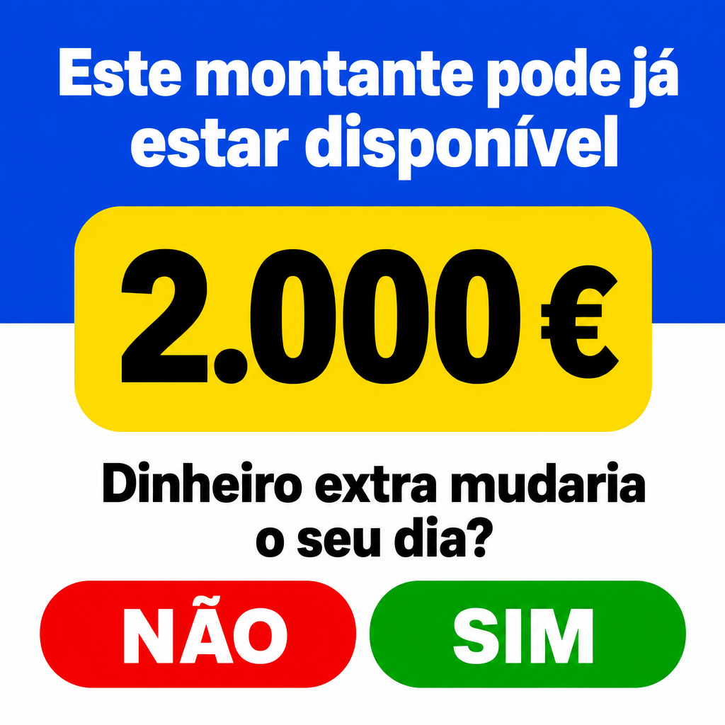 Criar um criativo publicitário para crédito/empréstimo direcionado ao público de Portugal, em formato vertical quase quadrado, proporção aproximadamente 0,95:1, mantendo rigorosamente a composição da referência.  Criar uma peça gráfica minimalista, moderna, tipográfica e de alto contraste, sem fotografias, pessoas, objetos realistas ou ilustrações.  Dividir visualmente a composição em duas grandes áreas:  PARTE SUPERIOR: aproximadamente 28% da imagem, com fundo azul vivo e uniforme.  PARTE INFERIOR: aproximadamente 72% da imagem, com fundo branco puro.  No bloco azul superior, colocar uma headline branca, muito grande, pesada e centralizada, em duas linhas:  “Este montante pode já” “estar disponível”  Utilizar fonte sans-serif extremamente pesada, semelhante a Arial Black, Helvetica Black ou Montserrat ExtraBold. Texto branco, sem contorno, sem sombra e perfeitamente centralizado.  A primeira linha deve ocupar quase toda a largura disponível. A segunda linha deve ser ligeiramente menor em largura e perfeitamente centralizada.  Sobre a fronteira entre a área azul e a área branca, colocar um grande cartão amarelo horizontal, parcialmente sobreposto às duas áreas.  O cartão deve:  possuir fundo amarelo intenso; ter cantos extremamente arredondados; não possuir contorno; não possuir sombra; ser centralizado; ocupar aproximadamente 65% da largura da imagem.  Dentro do cartão escrever:  “2.000 €”  Utilizar fonte sans-serif extremamente pesada, preta, muito grande e centralizada. O valor deve ocupar a maior parte da área interna do cartão.  Abaixo do cartão amarelo, na área branca, colocar uma grande pergunta em duas linhas:  “Dinheiro extra mudaria” “o seu dia?”  Utilizar fonte sans-serif extremamente bold, preta, grande e centralizada.  Manter a pergunta visualmente equilibrada e com bastante espaço branco ao redor.  Na parte inferior da composição, criar dois grandes botões horizontais lado a lado.  BOTÃO ESQUERDO:  fundo vermelho vivo; formato de cápsula; cantos completamente arredondados; sem borda; texto branco; texto exatamente:  “NÃO”  BOTÃO DIREITO:  fundo verde vivo; formato de cápsula; cantos completamente arredondados; sem borda; texto branco; texto exatamente:  “SIM”  Ambos os textos devem utilizar uma fonte sans-serif extremamente bold, em letras maiúsculas, muito grandes e perfeitamente centralizadas.  Os dois botões devem ter aproximadamente a mesma dimensão e ficar perfeitamente alinhados horizontalmente, com um espaço uniforme entre eles.  Manter a ordem:  VERMELHO / NÃO → VERDE / SIM  Não adicionar outros botões, ícones, logótipos, fotografias, moedas, notas ou elementos decorativos.  A composição deve manter exatamente a lógica visual da referência:  grande cabeçalho azul → cartão amarelo sobreposto → pergunta preta sobre fundo branco → dois botões de resposta na parte inferior.  Todo o texto deve estar em português de Portugal (PT-PT), perfeitamente legível, corretamente escrito e com acentuação portuguesa correta. Não utilizar neerlandês, português do Brasil ou qualquer outro idioma.  Utilizar exclusivamente euros (€) para o valor monetário e apresentar o montante como:  “2.000 €”  Não alterar o valor para outra moeda.  Preserve a composição e o layout da referência com máxima fidelidade. Não reinterpretar o design nem criar uma nova composição. Manter as proporções, posições, cores, espaçamentos, tamanhos relativos, alinhamentos e hierarquia visual da referência. Alterar apenas o conteúdo textual para português de Portugal e adaptar a apresentação monetária para euros (€).  Garantir que os únicos textos presentes sejam:  “Este montante pode já” “estar disponível” “2.000 €” “Dinheiro extra mudaria” “o seu dia?” “NÃO” “SIM”  Todos os textos devem estar perfeitamente legíveis, sem erros ortográficos, letras deformadas ou palavras adicionais.